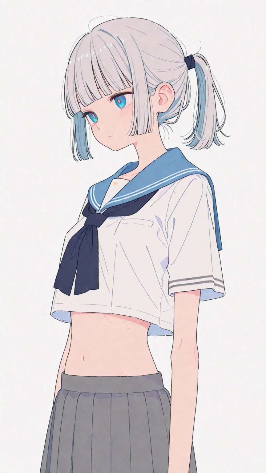 One Naked Girl、Standing in front of the house、Only one naked、Light blue hair、blue eyes、Standard bust size、Feeling embarrassed、A little big chest、Wearing a sailor uniform、Wearing green panties、Daytime view