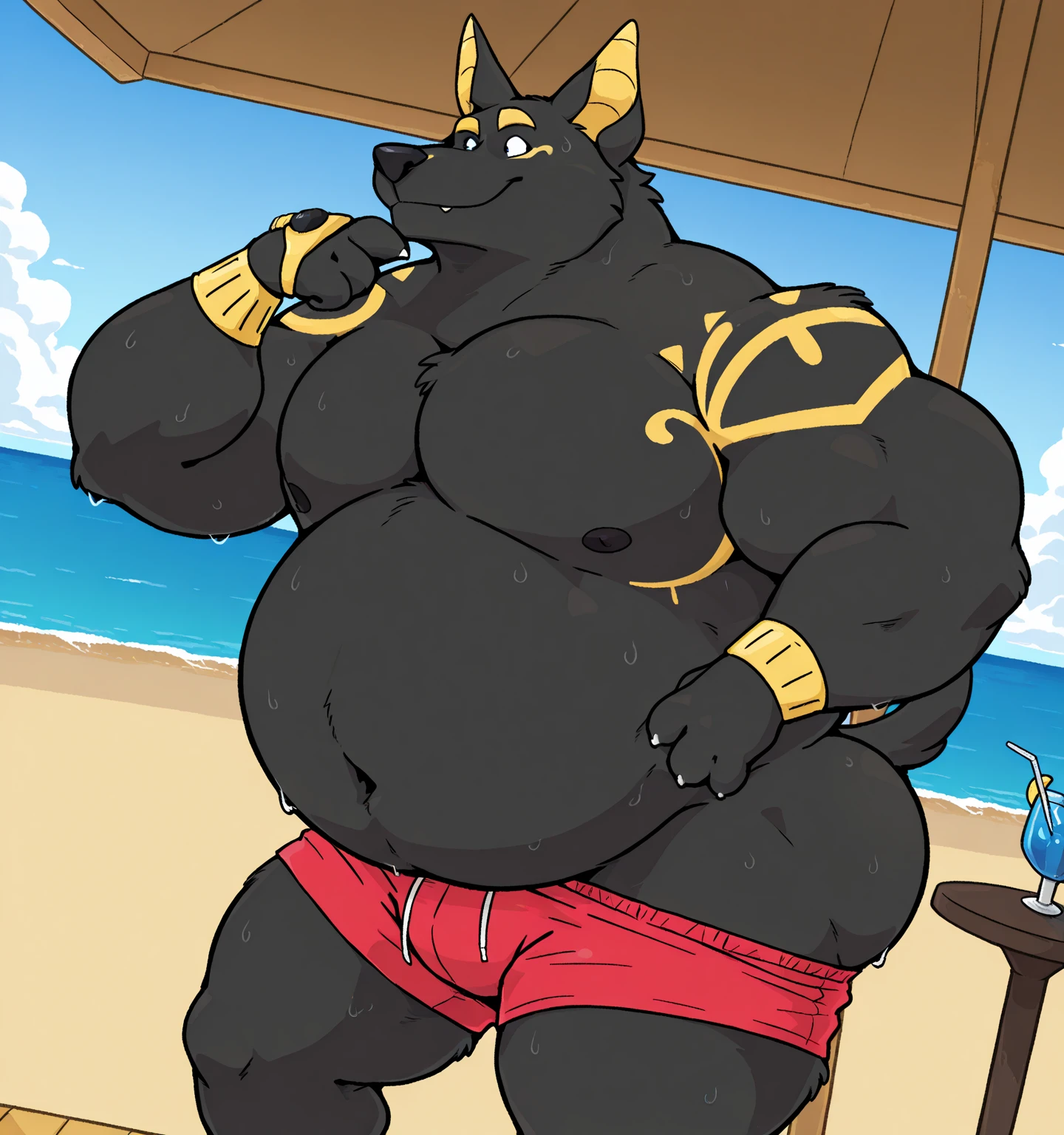 detailed background, front view, beach, stands near the bar with drinks, dutch angle, close сзади, solo BREAK check_9_up,check_8_up,check_7_up,check_6_up,check_5_up,check_4_up BREAK kemono, only, fluffy, 1 boy, animal ears, tail, male, naked to his underpants, boxers, Dressed, Egyptian clothes, thick butt , fat wolf, , a huge and fat, curvy cheeks, huge distended belly, male, broad shoulders, fat hanging chest, macro, Posing, bedroom eyes, Sweaty, happy, smiles, puffs