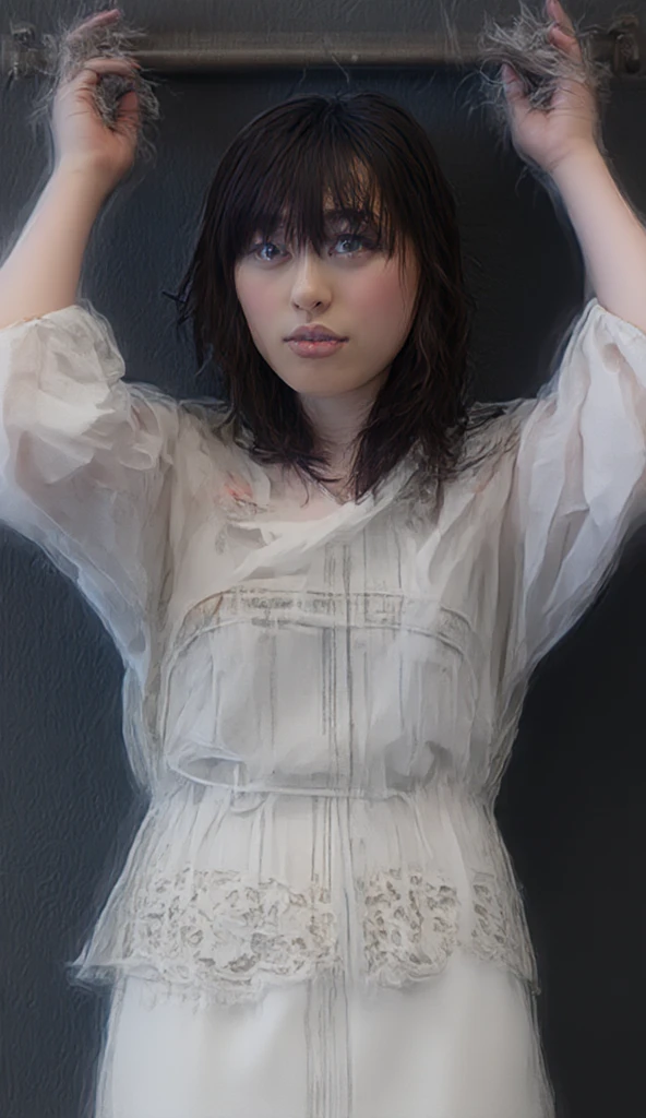 Landscape,Raise your arms,Emphasize the sides,(Highest quality, Very detailed, masterpiece:1.2), 1 women, Very thin body, length, Thin legs, ((Black wavy short layered cut hair hair:1.2)), ((Thick and fluffy bangs)), Very detailedな,((Over Size Tシャツ))