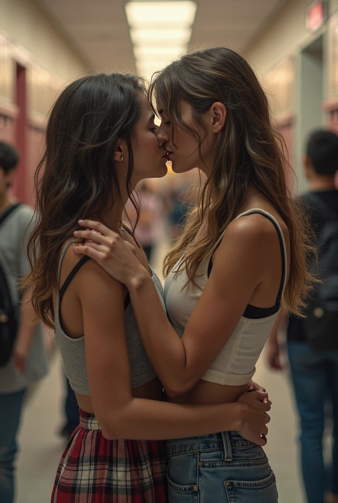 woman,30 years old, brunette, long wavy hair, navy blue mini dress and woman,30 years old, blonde ,black jeans, white sexy top , kissing at a night club