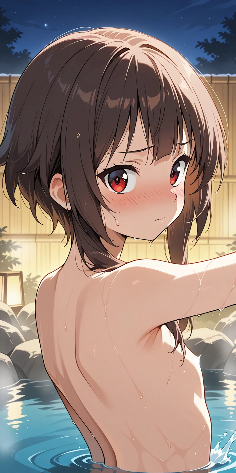 Un hermoso y detallado retrato de personaje de Ochako, brown-hair, sonrisa, solo, sombreado, night, sentarse, bed, desnudo, breasts, belly, house, nude, bathing, bath, armpits, brown eyes