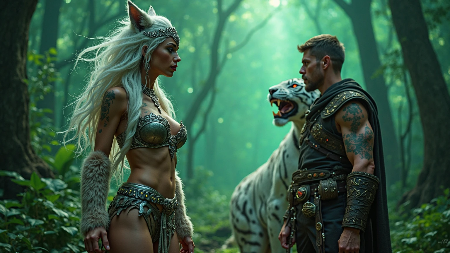 Concept Art, "1 Couple, Handsome Boy", an ultra-detailed and stunningly beautiful CG illustration depicting a sultry green man-wolf with purple hair, sharp green eyes, standing tall in shorts. Gorgeous green fur and yellow dotted on the belly, tail and fur, this animal-like beauty exudes sensuality in every pose, breathtaking rendering, within radiant connections, multiplayer interaction, magical elements, gorgeous, casting colorful spells, bright flashes,