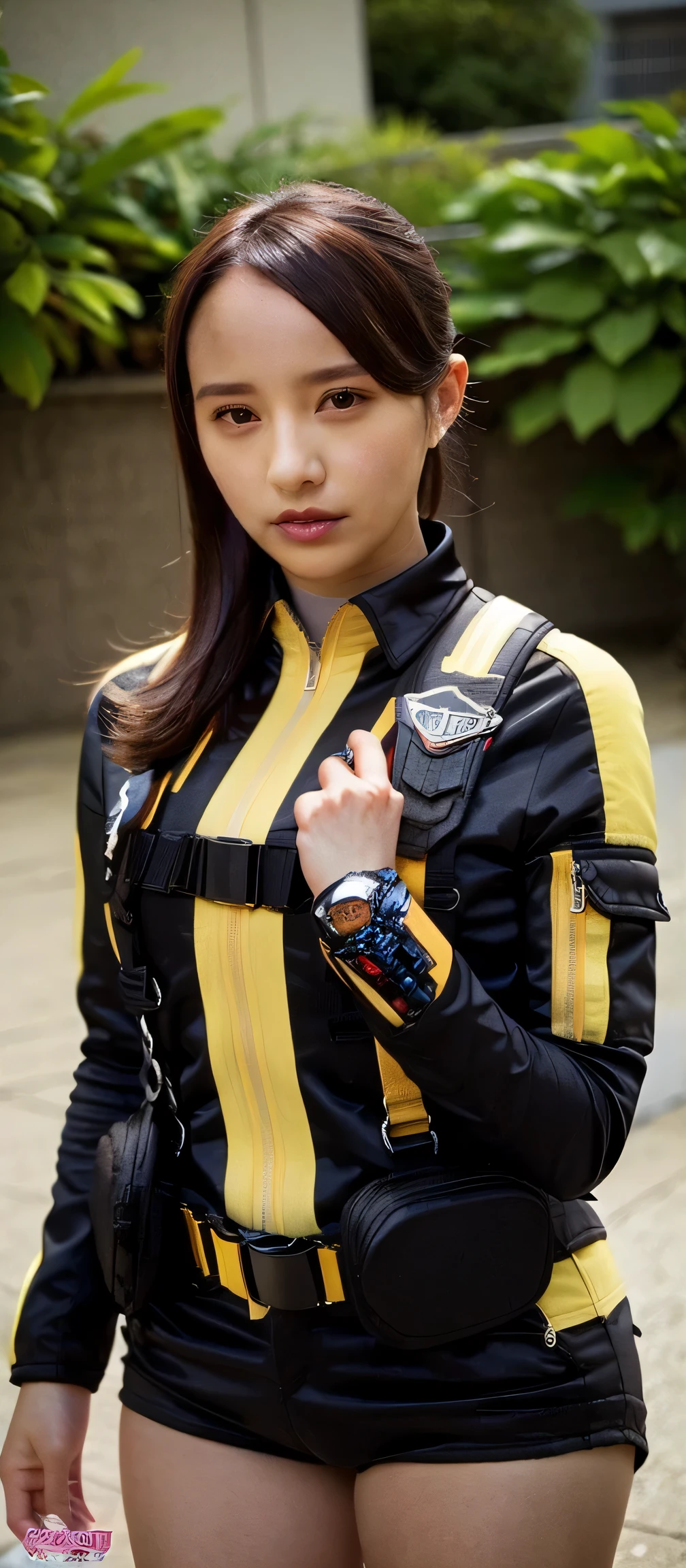 ( very realistic ), ( top quality), ((round, SMALL AND PRECISE FACE )),black,short shorts,black shorts, boots, jacket,shorts, dark hair ,big breasts,adult woman , Her breasts are big and plump, thin eyebrowsの服がその体型にぴったりです ,Beautiful skin ,My nose is small,thin eyebrows