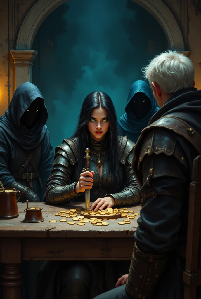 there are six beings 3 light and 3 dark playing a dice game looking down at earth making a life decision on the life of humans