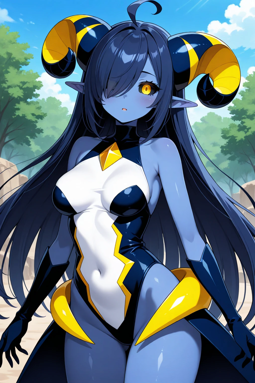 8K,high quality,anime,married woman,beautiful,clean,bright,eye highlights,sexy,super big tits,oversized,erotic,nude,beautiful line drawing. Blue skin, blue and orange gradient ear fins, black hair color, leotard outfit, tights on legs,