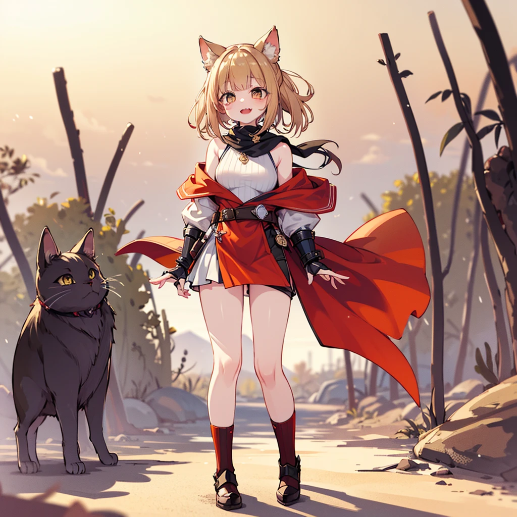 Blue-eyed Caucasian girl, short blonde wavy hair, holding a knife, wearing a black dress, small breasts half exposed, orange skirt, thighs exposed, wearing fox fur cloak, forest background, anime style
