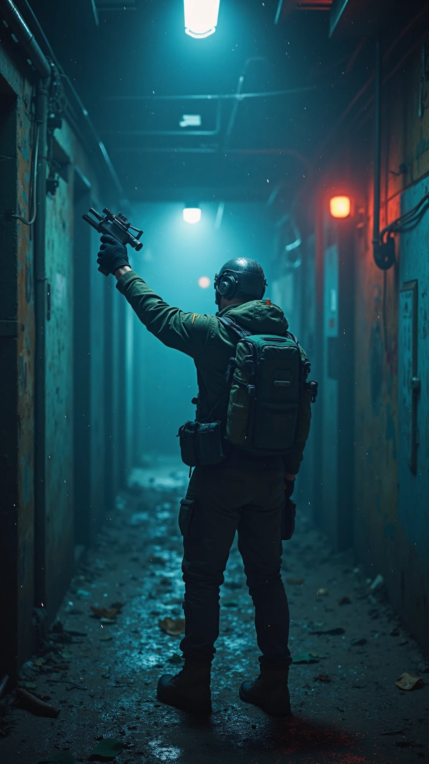 abandoned mansion, first person perspective with a pistol shooting a baby zombie, shot coming out of the gun and hitting the zombie