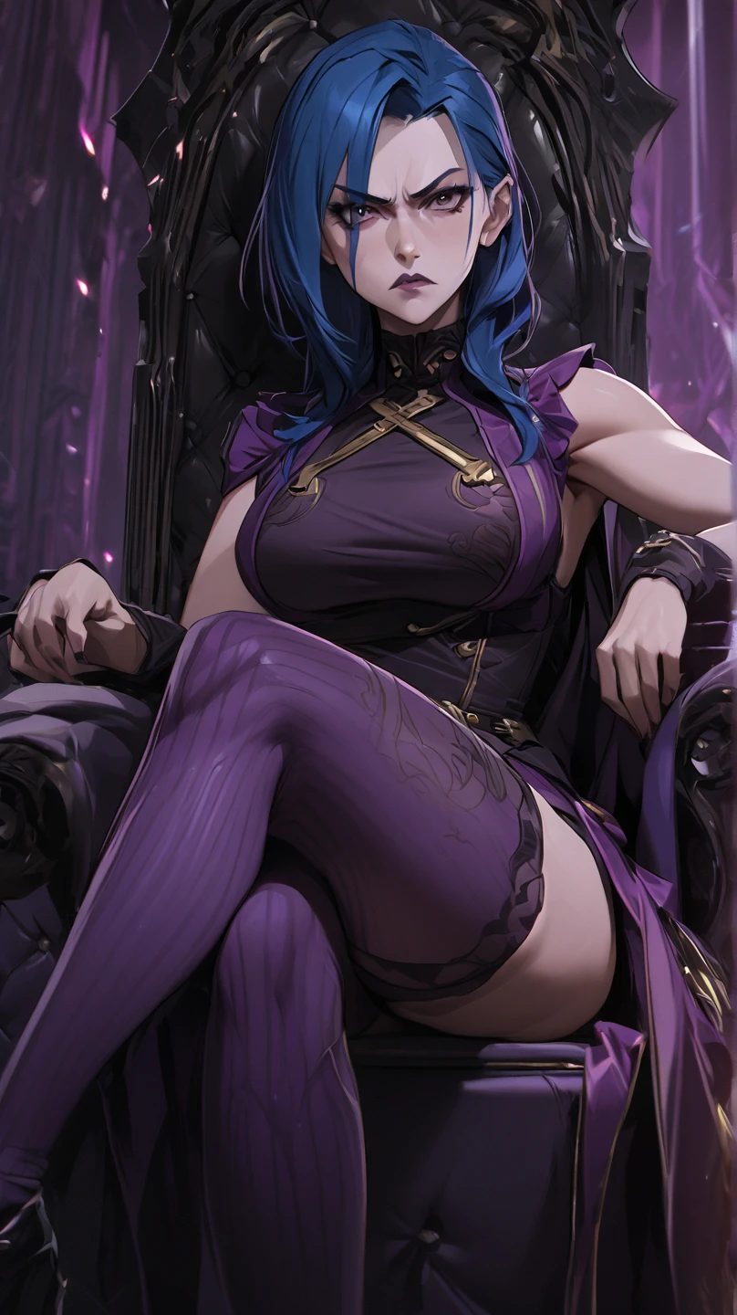 (seductive gothic lady with ample bosom and stylish leather attire), purple and black color scheme