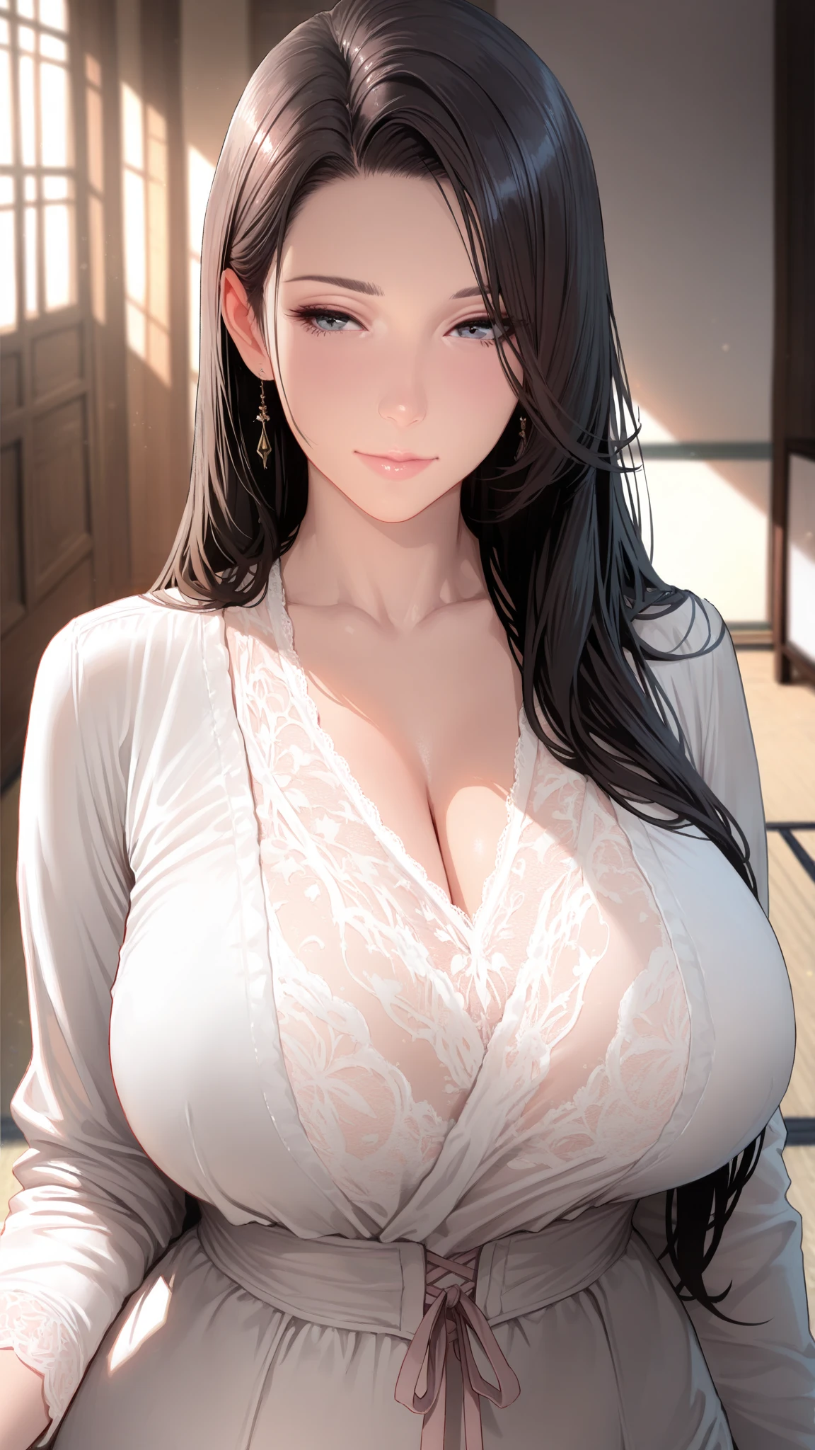 cinematic, (masterpiece), (best quality), (ultra-detailed), very aesthetic, illustration, realistic illustration, perfect composition, intricate details, absurdres, (anime, masterpiece, intricate:1.1), (best quality, hires textures, high detail:1.1), (4k),(incredibly detailed:1.1), score_9, score_8_up, score_7_up, masterpiece, source_anime, 1girl,detail eyes,iris,mature woman calm atmosphere, straight hair,dark tatami room,erotic,
