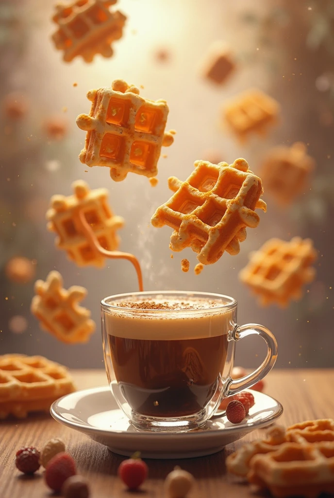 a close up of a waffle being drizzled with syrup, Hyperrealistic Food Photography, syrup, maple syrup fluid, maple syrup sea, maple syrup highlights, high quality topical render, Honey dripping, caramel, Decomposition waffles, maple syrup, Ultra-realistic painting, Ultra-detailed and crisp rendering, Ultra-realistic illustrations, wafflehouse, Ultra-Realistic Rendering, Ultra-Realistic Rendering