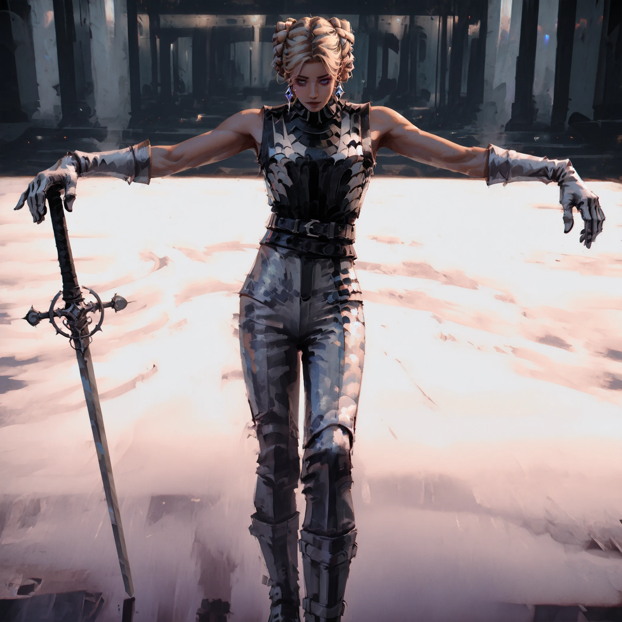 artist: wlop, masterpiece, best quality, illustration,( a young vampire with tan pale skin), medium length blonde hair , sideparted front hair and braided bun, blue eyes, detailed face, wearing form fitting gray and white outfit, wearing leather outfit in gray and white , gray and white gloves, wearing light armor , gray leather boots, gray open sleeveless leather vest , white leather pants, fantasy, perfect anatomy, detailed, lighting, colorful, muscular body, fit body, toned body , ideal ratio body proportions , short , Realistic Shadows, detailed face, detailed eyes, epic, highly detailed, illustration style background, cinematic background, cinematic lighting, detailed eyes, Official Art, face focus, eye focus, high resolution, cinematic, perspective, night , scenery background, pose, 8k, landscape, (official art), (scenography), (the Extremely Detailed CG Unity 8K Wallpapers), perfect anatomy, detailxl, SoulFightersStyle-IL.V1.0, SoulFightersStyleSplashArt-IL.V1.0, standing pose, sword with white and gray gemstone on hilt , armored glove, gray white earrings, toned arms, standing, white theme, gray theme, white and gray tones, lake in background,