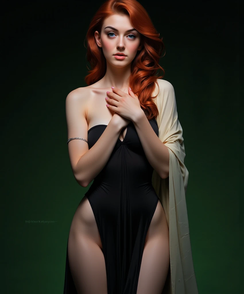 a beautiful redhead girl, long straight messy hair, detailed cute freckles, medium firm breasts, slim waist, wearing a low-cut dress with firm erect nipples pking through, detailed facial features, looking leeringly and seductively, photorealistic, masterpiece, 8K, hyper detailed, realistic, cinematic lighting, dark sith colors