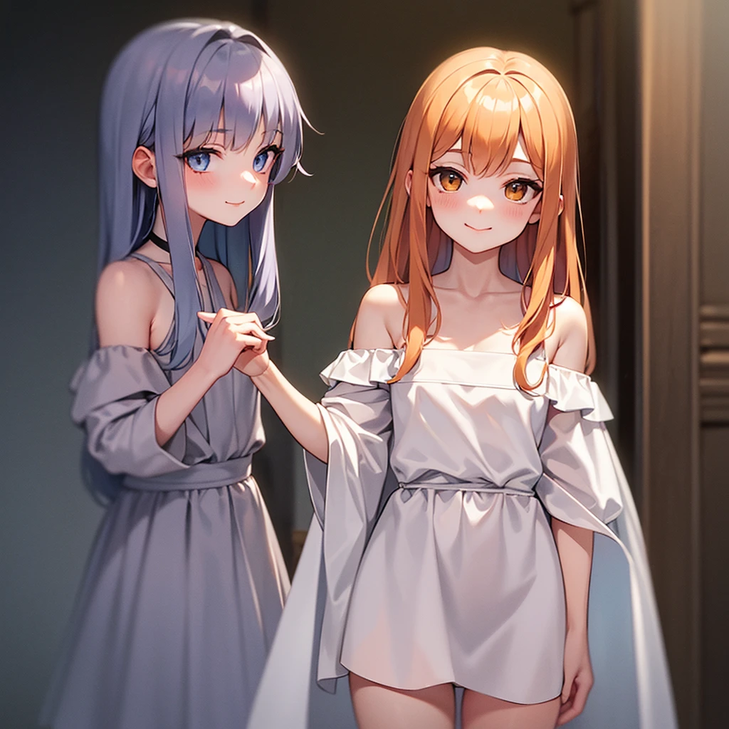 (masterpiece, high resolution,ultra - detailed:1.0), 10-year-old, eye looking to camera, Perfect young tiny girl, Extremely detailed CG,Unity 8k wallpaper，Complicated details, Depth of field, Best quality, Cinematic lighting, Girls in a village yard, bow on head, (pubic hair), shy small smile,  (FLATCHESTED:1.3)、flat chest, superflat chest, (one embarrassed girl naked: 1.3), one embarrassed girl naked and second girl in a simple dress,  zero breast size, blunt bangs, red-haired girl  and blonde, Shiny hair, beautiful face, White skin, Beautiful cloud, rural girl and city gal, girl try clumsy seduces you, embarrassed smile, full length image of a girl