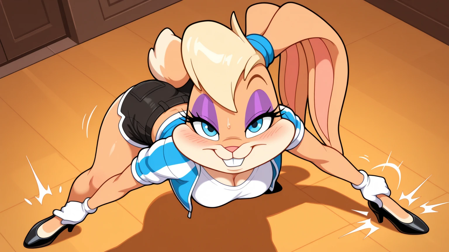 LolaTLTS, furry,animal nose, rabbit ears, black eyes, ponytail, hair tie, two-tone fur, gloves, blonde hair, eyelashes, thick thighs, purple dress, sleeveless, looking at viewer, smiling, wearing black shorts, squatting down,