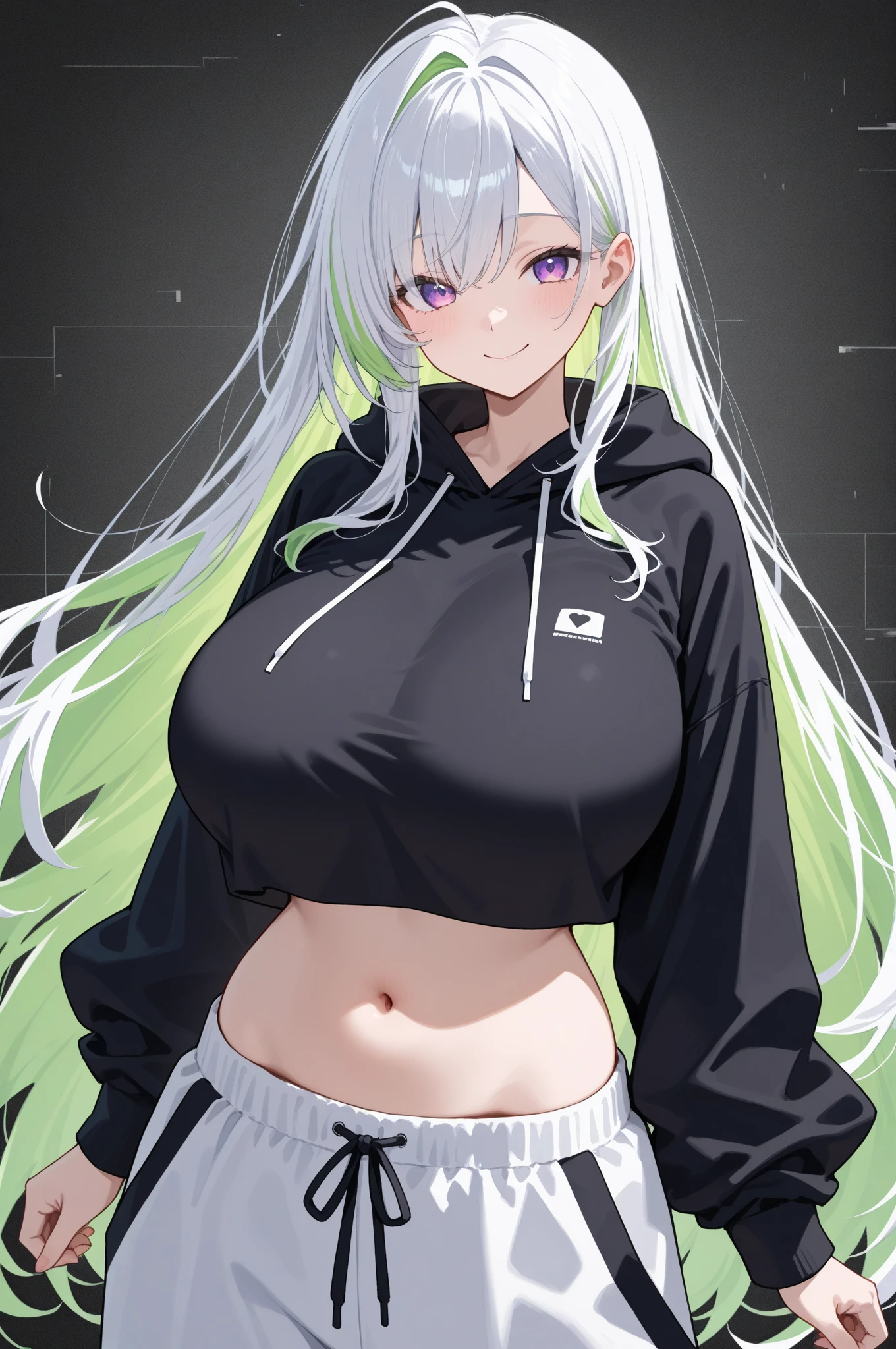 ((best quality)), ((masterpiece)), (detailed), perfect face, long hair, white hair, bright green eyes, shirtless cropped jacket, big breasts, wide hips, shirtless, biker shorts, 1girl, thick thighs, big ass