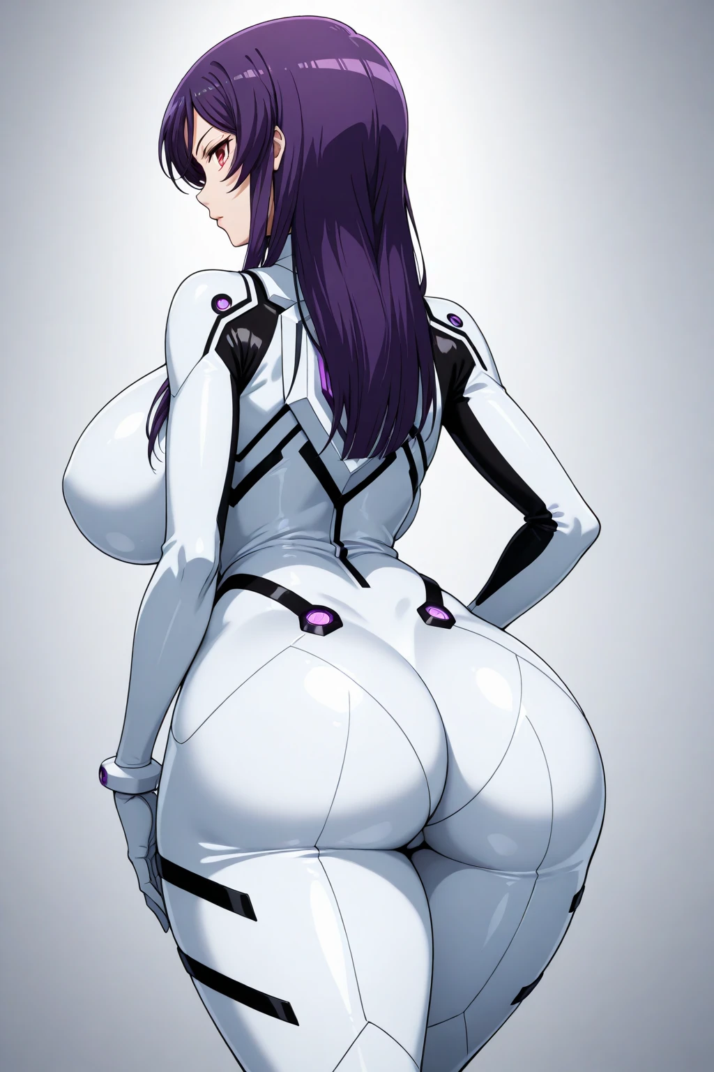 (high quality:1.2), detailed, shadows, cinematic lighting, digital art, anime coloring,
(Shion:1.1), 1girl, solo, bent over, leaning forward, ass focus, cowboy shot, from behind, from below,
looking at viewer, determined, teeth,
purple hair, blue hair, long hair, blue eyes,
detached sleeves, (bodysuit:1.1), (armor:1.1),
large breasts, curvy, pussy, ass,
sunset, sky, window, indoors,
<lora:Shion:0.9>