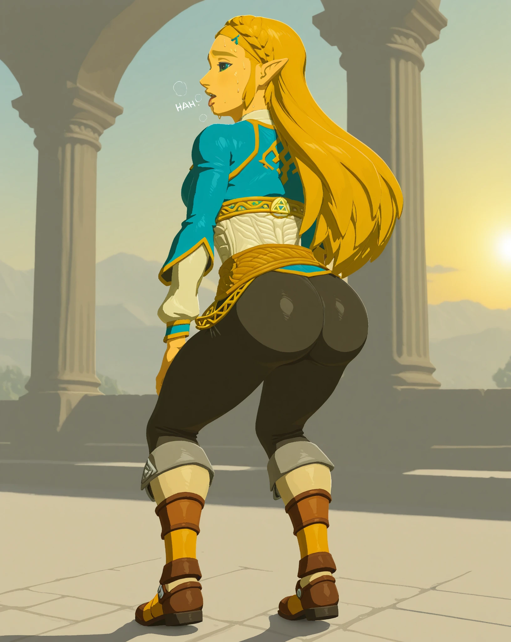(botw style), princess zelda,(huge ass,full body:1.5)blue shirt and See Through black pants,blush,embarrassed,camel toe, 1girl, bangs, blonde hair, breasts, hair ornament, bare shoulders, green eyes, jewelry, long hair, outdoors, pointy ears, small breasts, nipple,solo, standing ((masterpiece)) <lora:botw_style_offset:0.8>