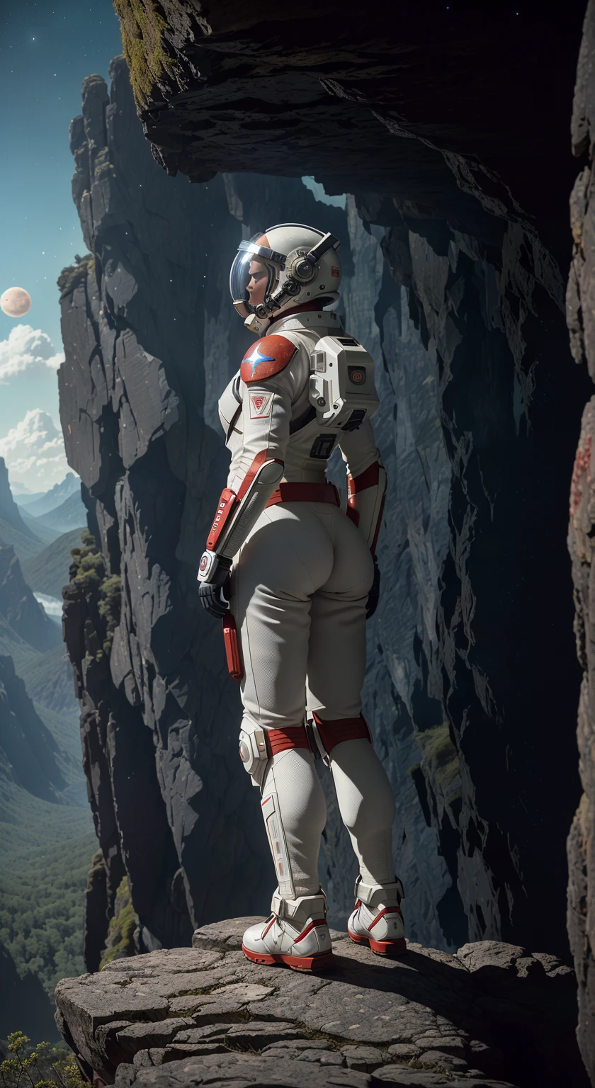 the Scenes: The Making of a Space Odyssey documentary.
Front a rear angle, front view the highly detailed RAW color photographs capturing the full body of cosmonauts donning their spacesuits, complete with shelmets, masks, and rebreathers. The exteriors reveal a breathtaking view of advanced alien structures on a distant planet, as if gazing upon a scientific fiction masterpiece. The astronauts, with their toned bodies and big size asses, stand tall on a rocky terrain, resembling heroic figures in this otherworldly setting. Rolling mountains serve as a majestic backdrop, while a space fleet dominates the sky with its sheer presence. The images are highly detailed and intricately captured, showcasing the lens flare glow and the flood of particles, enhanced by the