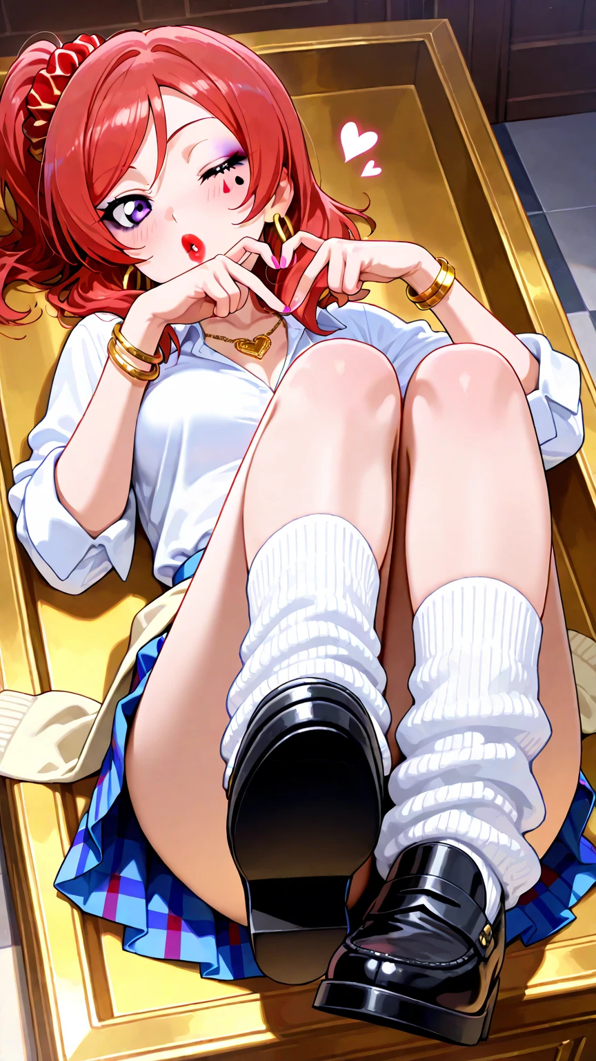 (masterpiece, 4k ,ultra detailed:1.2),(beautiful face:1.2),(anime:1.2),illustration,(solo:1.2),(looking at viewer:1.4),portrait,(supermodel:1.3),(blue school uniform:1.3),(red hair),13yo,(simple choker:1.1),(yellow panties),(string,abs,smartphone,child,small breasts,petite:1.1),(sfw,nipple,flat chest,un dress,:1.4),(from below),(full body:1.2),(flower hair ornament),(multi view:1.3)