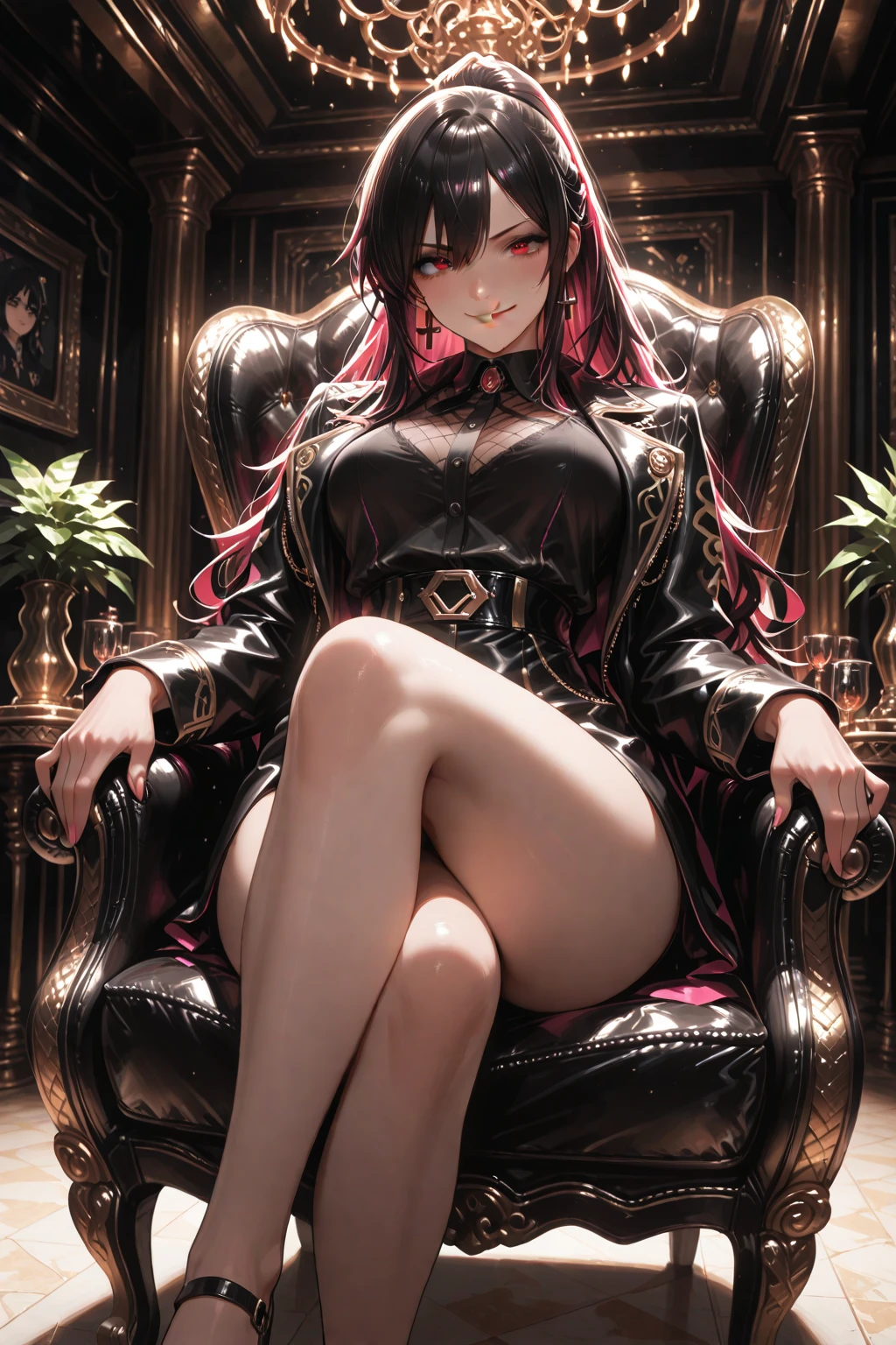 ((best quality)), ((masterpiece)), (detailed), perfect face, perfect body, ((detailed red eyes)), purple curly long hair with tiara, Goddess armor , full body ,luminous red rose petals dropping ,throne in the dark abyss with sparkle lights background , open legs no bra , rose thorn vines 