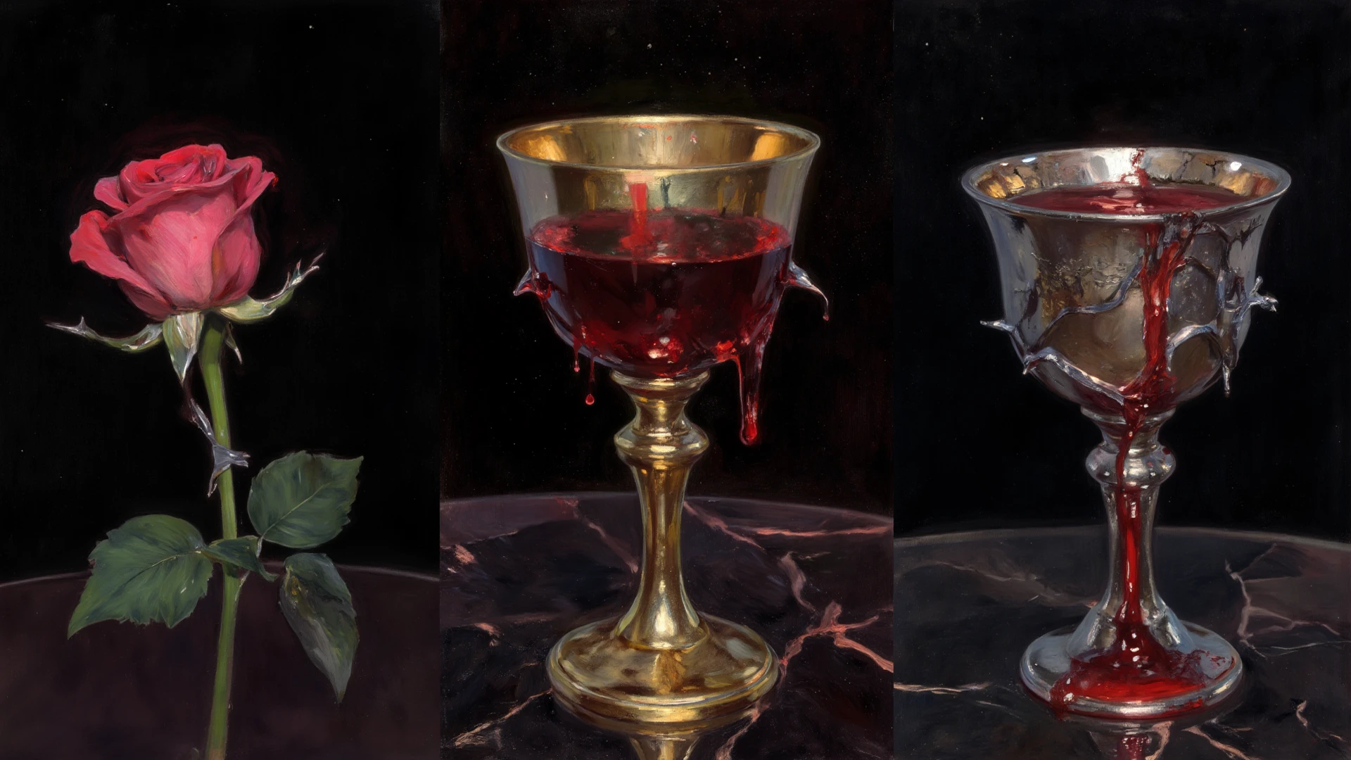 Anime comic style,cg,Delicate,Gold Cup,goblet,Corrupted,Carries red liquid,Keep popping up,unholy,rotten,with black background