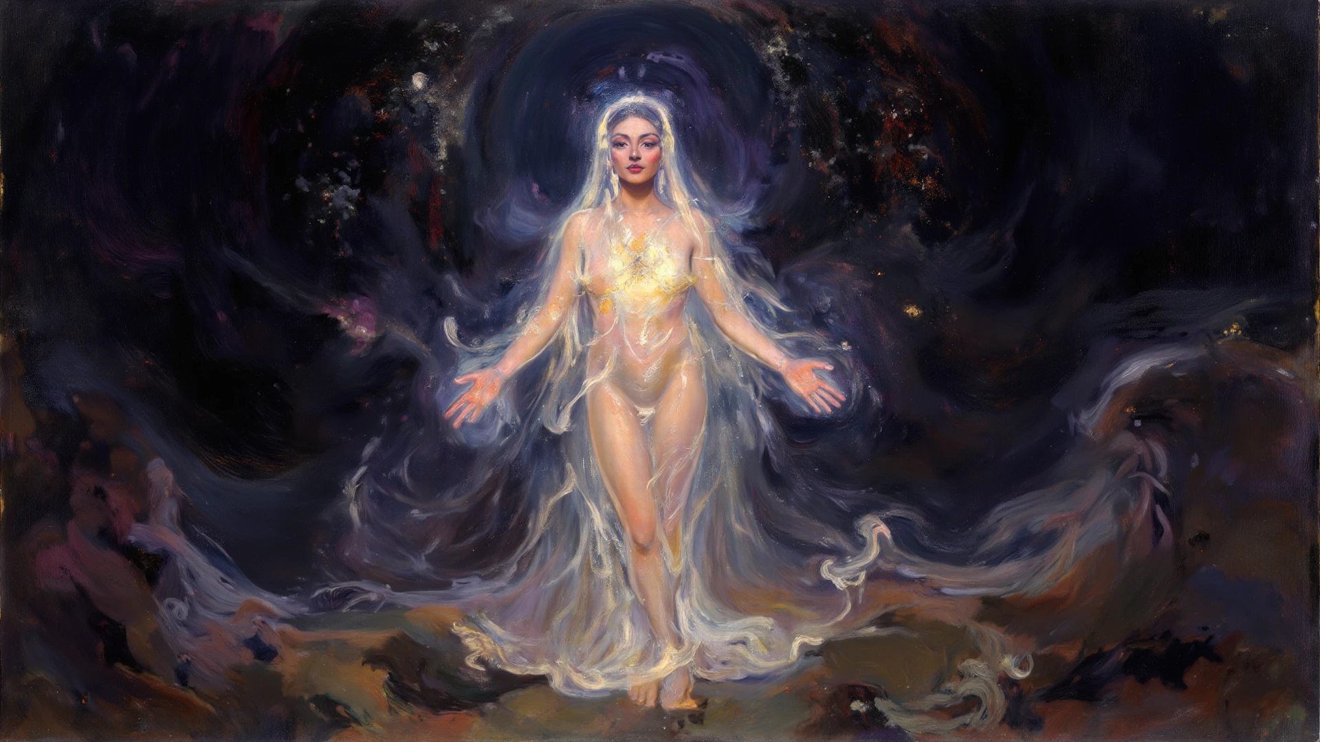 (NSFW Alert)
Masterpiece, Highest quality, Highest quality, Official Art (Aesthetic:1.2), featuring a captivating nude figure, Highly detailed eyes that sparkle with an otherworldly allure, Fractal Art (Detail:1.3) with intricate patterns that shift and change with every glance, boasting a colorful palette that pops against her flawless skin. The figure is adorned with a white cloak, delicately outlined in golden lines, which billows around her like a celestial halo. The Milky Way shines brightly in the background, its streaks of light illuminating her form. D