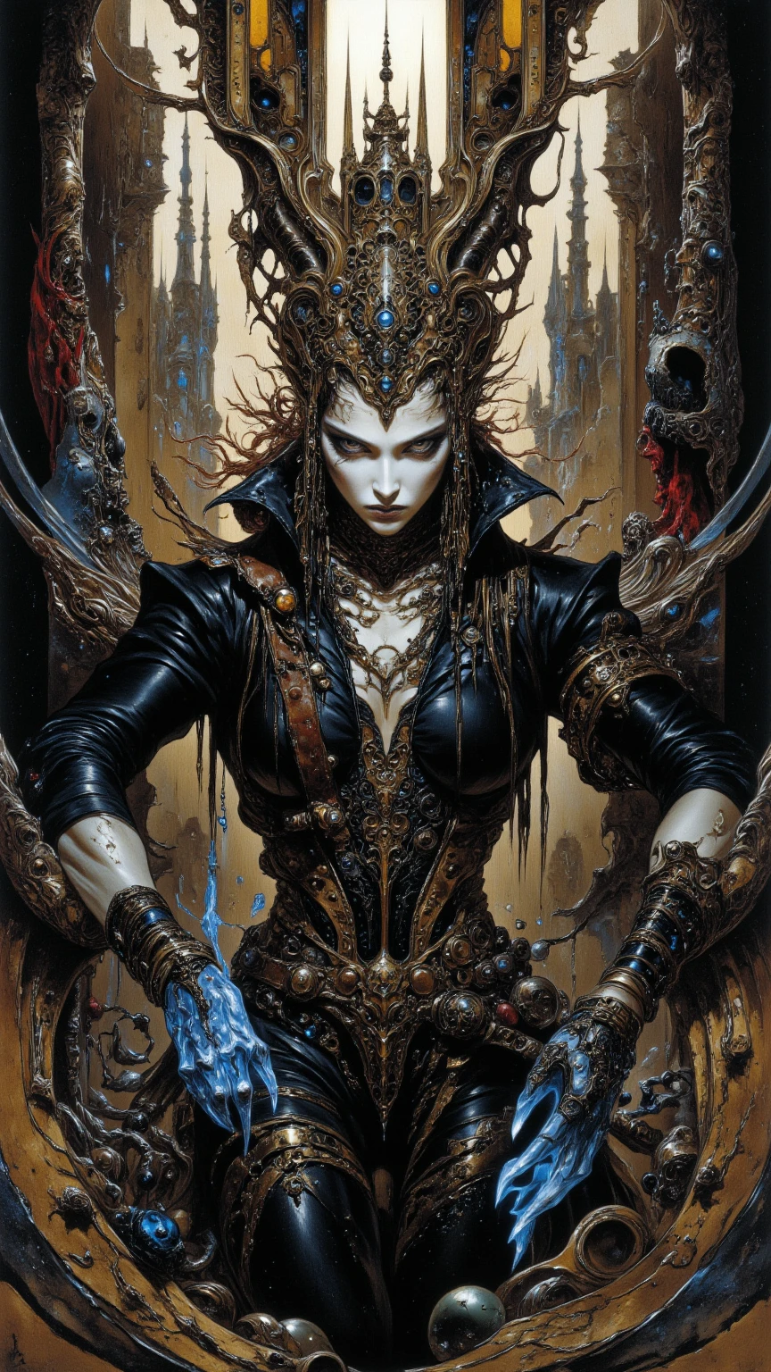by Noriyoshi Ohrai a haunting scene with 1 female necromancer in a dark fantasy world of diablo. Emphasize eerie atmosphere, high contrast, and interplay of shadow and light. Include colorful, gothic horror detailed face perspective from below anime, manga, comic, illustration