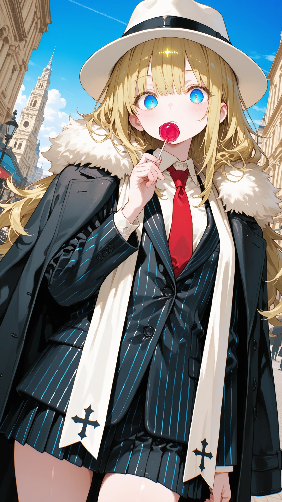 [theme]cowboy shot of a single gang boss |
[character] cute girl in a suit、
 fluffy hair、long hair、 Sheer Golden Hair 、bangs that fit your eyes、beautiful hair、
beautiful eye detail、 long eyelashes、Glowing greenish blue eyes、round eyes、detailed eyes、
Beautiful skin、 textured skin、 detailed skin、 glossy skin、petite and slender figure、 Perfect Anatomy、With a perfect face、
dark colored striped suit with red candy with a stick in one hand、white shirt and red tie、black coat over shoulders、(white long stole around her neck)、white fedora hat |
[action] serious expression、holding candy with a stick in one hand、majestic standing figure、is staring at viewers、Dutch angle | 
[environment] Outdoors、European city background |
[style] masterpiece、top quality、ultra detail、high resolution