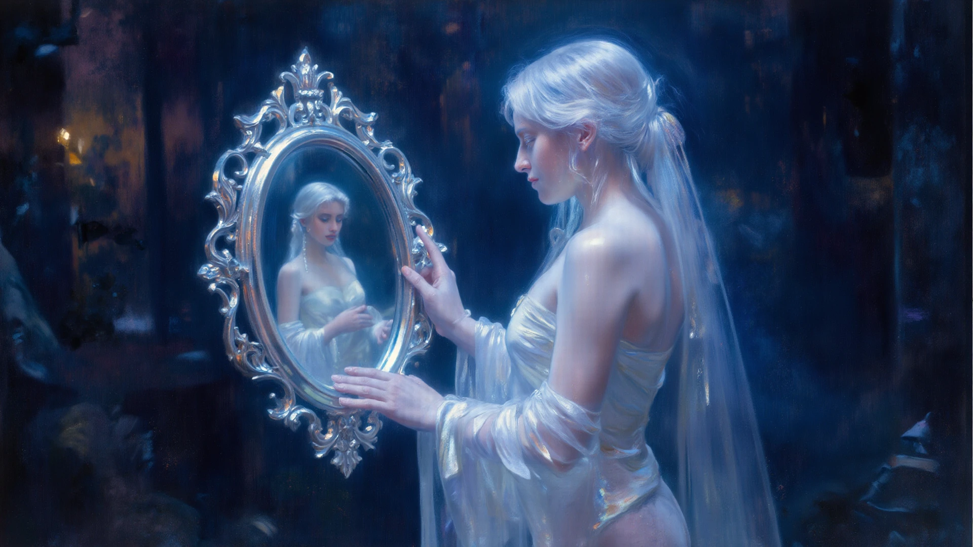 white forest in the background, colorful design, Aurora, mythical and fatal seduction, dynamic pose, porous white hair, big eyes, blue eyes, body covered in tattoos, red lips, erotic, dark light, flirtatious pose, seduction, bright light. mystical, leaves covering his private parts. Well detailed body, well detailed face, detailed eyes, detailed hands, strict details. tender look. perfect body, everything super detailed, 8k, masterpiece, intricate details. Behind perspective. Wallpaper.