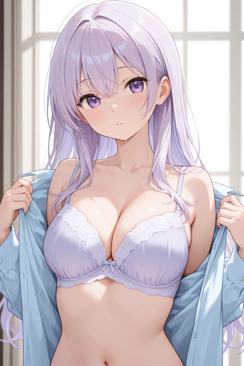 nsfw, kochou shinobu, Medium chest, 15yo, Nurse cap, （Tabletop:1.3),(Highest quality:1.3), High resolution, Cooboy Shot, (pretty girl:1.3), solo, Big smile、Wear glasses、Wide forehead、Bob Purple Hair，Open your mouth ，caregiver，Hospital room、hospital，White nurse uniform，White nurse hat，Nurse attire、View your viewers，、Purple panties、skirt, The eyes are purple, Miraculous Eye、The underwear is transparent、The color of the underwear is a light blue bra and string pants、Yoga poses、Lie、I put my hand on the bedside、Lying in bed、Please stand up straight.、Squat position、Perfect hands、Five fingers、Five Fingers、Raise one of your left arms、With your right hand, squeeze the pants of the buttocks tightly,、、Sweat around underwear、
