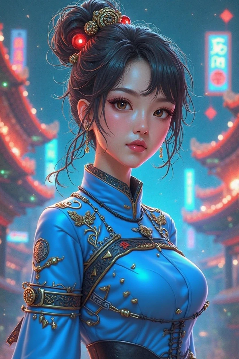 masterpiece, best quality, 8k, sharp focus, realistic, (detailed)), ((good highlights), 1 mature   Chinese woman , , detailed face, detail skin texture, ultra-detailed body:1.1), 32k resolution:1.3))), highest quality, highly quality, she have creamy blue  hair , wearing creamy blue and yellow and black outfit , moons and stars and rose pattern, hoop earring