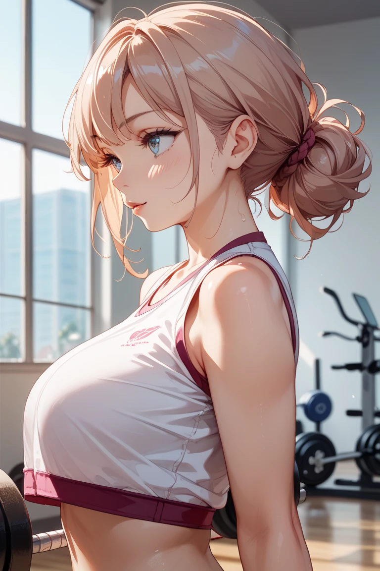 (Masterpiece, BestQuality:1.3), (ultra detailed:1.2), (hyperrealistic:1.3), (RAW photo:1.2), High detail RAW color photo, professional photograph, (Photorealistic:1.4), (realistic:1.4), professional lighting, perfect anatomy, (Big Breasts:1.2), (blush, detailed face), (cheerful Smile:1.5), Trending Hair&Trending Hairカラーをランダムに, earrings, necklace, bracelet, sexy, erotic sexy, Random sexy gravure poses, (A sexy beauty in a black sports bra and shorts is smiling while working out in the gym。Pink ponytail is healthy。: 1.3)
