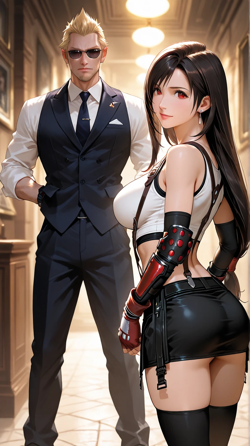 Black hair, Pink eyes, A girl who wearing sexiest outfit, Showing her half-breasts, Black short mini skirt, Pink stockings, Pink glass heels, Long legs, Rabbit ears, Showing half-hips, Seductive look, Showing belly, Showing half-, Full body, Kinky, A Man grabbing her breasts and ass by standing behind her and hugged her
