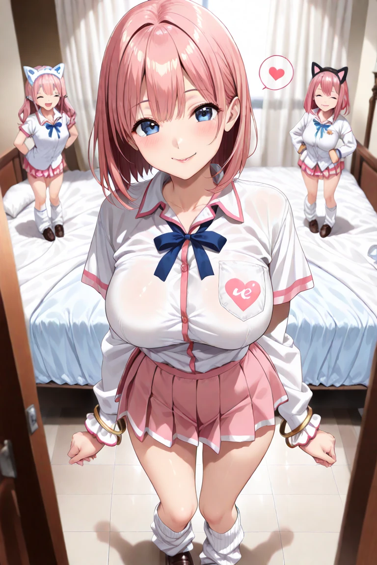 {{{masterpiece}}}, {{{best quality}}}, {{ultra-detailed}}, {illustration}, {{an extremely delicate and beautiful}}, (beautiful detailed eyes:1.6), extremely detailed face, 8k, anime face, NSFW, Yuigahama Yui (Oregairu), cute face, (short hair:1.5), (single side bun:1.5), (hair between eyes:1.5), (pink hair:1.5), (red eyes:1.5), big breasts, thin waist, big hips, curvaceous, {school uniform:1.5}, (white shirt:1.5), (plaid skirt:1.5), red ribbon, white shirt, black jacket, BREAK, NSFW, A man and a woman are having intense sex that drives them crazy, ((1man and 1woman,having sex)), (SEX:1.5), ( Missionary Vaginal:1.3), man on top, bird's eye view, on back, missionary, pov hands, {{{vaginal penis, Insert with leotard removed}}}, hetero, sex with men, nipples, huge penis, veiny penis, open vagina, clitoris, grab thighs, nail, spread legs, {{open vagina, spread pussy, pussy, clitoris glans, urethra, vaginal opening, labia minora, uterus, smooth pussy}}, taking off clothes, open clothes, Open shirt, open jacket, breasts, nipples, lift up skirt, blush,open mouth, embarrassed, naughty expression, raise your legs, M-shaped spread your legs, {{{uncensored}}}, Handsome young man, interracial, netorare, male body, man's lower body