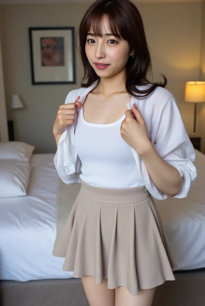Tabletop, Highest quality, 8K, 16, Large Breasts, RAW Photos, Professional photography, Portraiture, Soft Light, Professional Lighting, alone, (smile:1.3), close, face, close, cute, Girlish, goddess, Delicate girl, (Pure beauty:1.2), (whole body:1.3), Digital SLR, avert your eyes, Frank, Sophisticated, Film Grain,目とfaceのディテールが:1.0), Mr.々Hairstyle、Pink Cheeks, Big ass、Large Bust,Mr.々Hairstyle、 (Neat and stylish clothes:1.3),(Roll up your skirt:1.3),Light blue sexy panties、White sexy panties、(Camel Toe:1.2),Tight panties、Putting on shoes、In town、building、crowd、Fool the background
