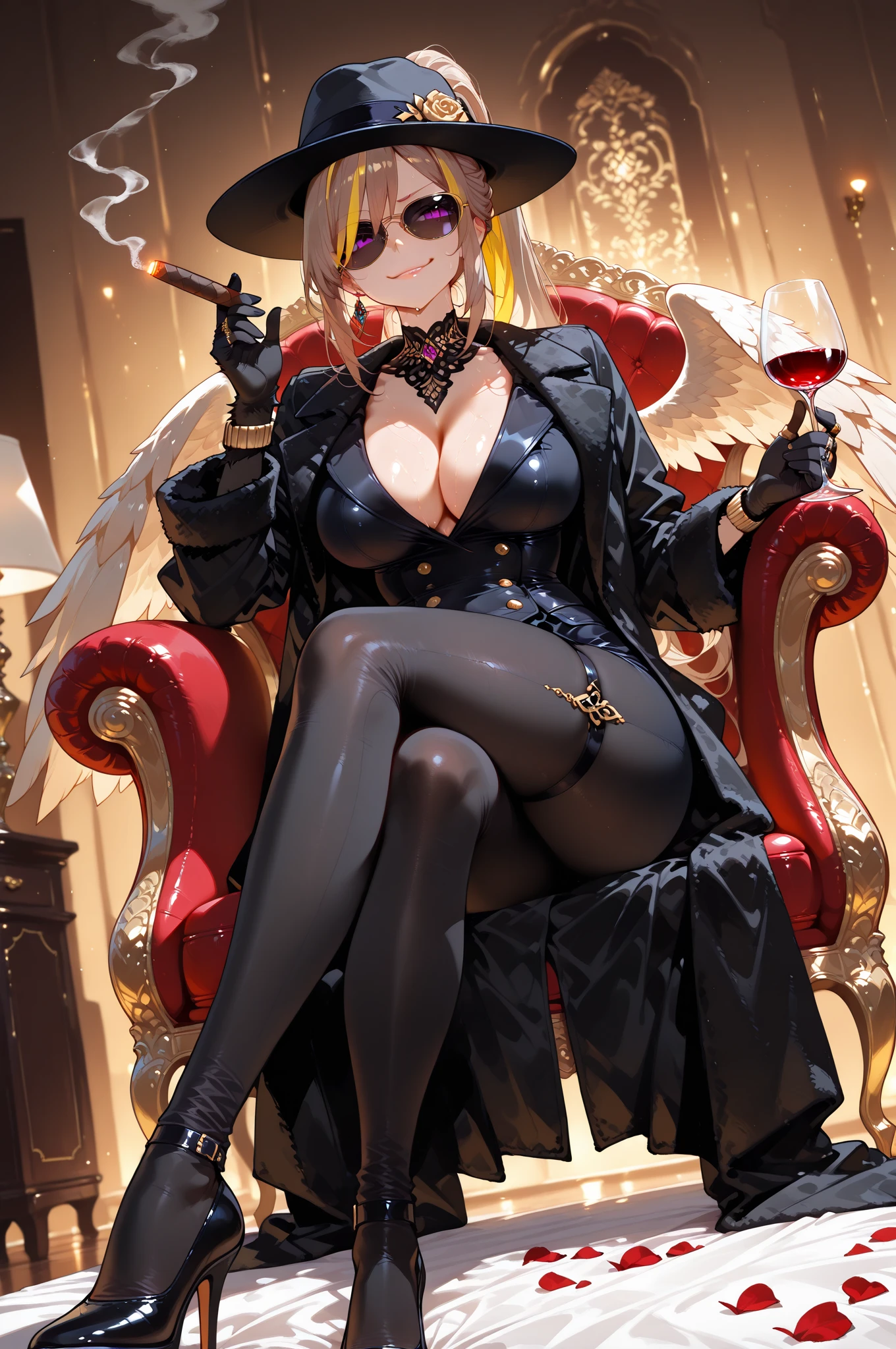 antro (brown owl), winged arms, female, large breasts, beak, round glasses, flowery short dress, large lacy panties, wide hips, fat body, huge thighs, huge ass, rear view, lying on a sofa, library background, realistic lighting, top, bottom, embarrassed smile
