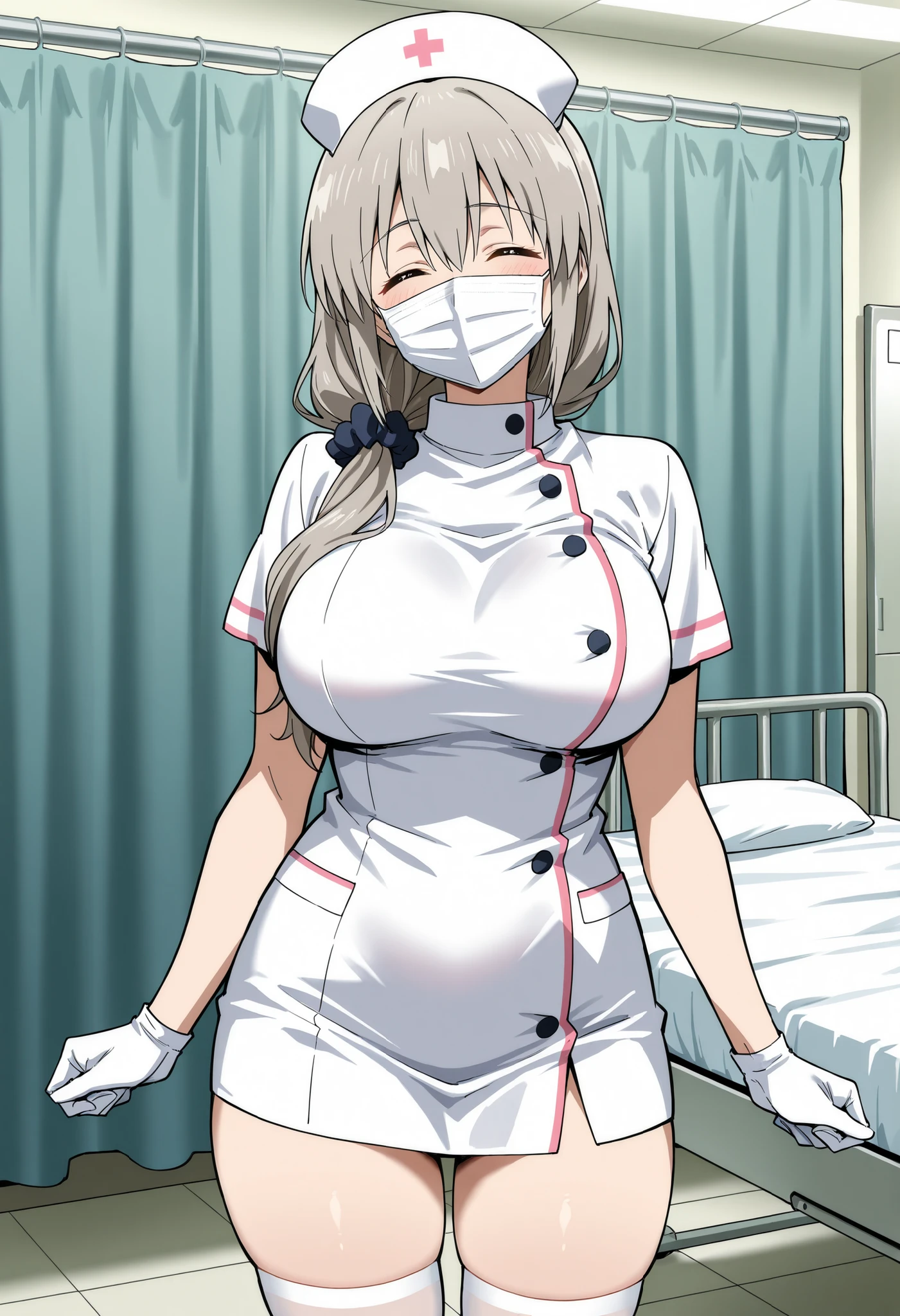 Score_9, score_8_up, score_7_up, source_anime, Tsuki Uzaki, solo, mature female, grey hair, hair over shoulder, hair scrunchie, hair ornament, hair between eyes, bangs, closed eyes, large breasts, (best quality), (high quality), {masterpiece}, extremely delicate and beautiful, ultra-detailed, beautiful detailed eyes, nurse, nurse hat, ((white nurse's outfit)), white gloves, white thighhighs, hospital room, ((white mask, mouth mask, covered nose)), standing