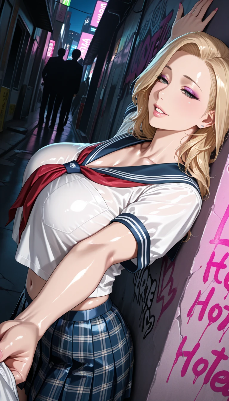 (highest quality, 8K, masterpiece:1.3, 1 girl, beautiful girl), cute, dynamism, detailed face, fine skin, fine eyes, lip details, fine fingers, detailed mouth, realistic, Raw photo, High resolution, Natural light, dynamic pose, perfect anatomy, toned legs, round eyes, double eyelid, we say, moist lips, wet clothes, squat with legs spread, sweaty, (Pee), drooling, half closed eyes, ((A bunch of guys are grabbing her breasts, multiple hands)), a man grabs her thighs, Man is touching her crotch, crowd, Excited Men, sailor suit, white shirt with buttons, pleated skirt, (Ahegao:1.5), camel toe, vapor:1.5, ecstatic face, stick out tongue, skirt lift, in a dirty subway, when it enters the sheath, Thighhighs, lace panties, cowboy shot, nipple shape, (vibrator in Thighhighs), wavy ponytail, night, Raise the hand