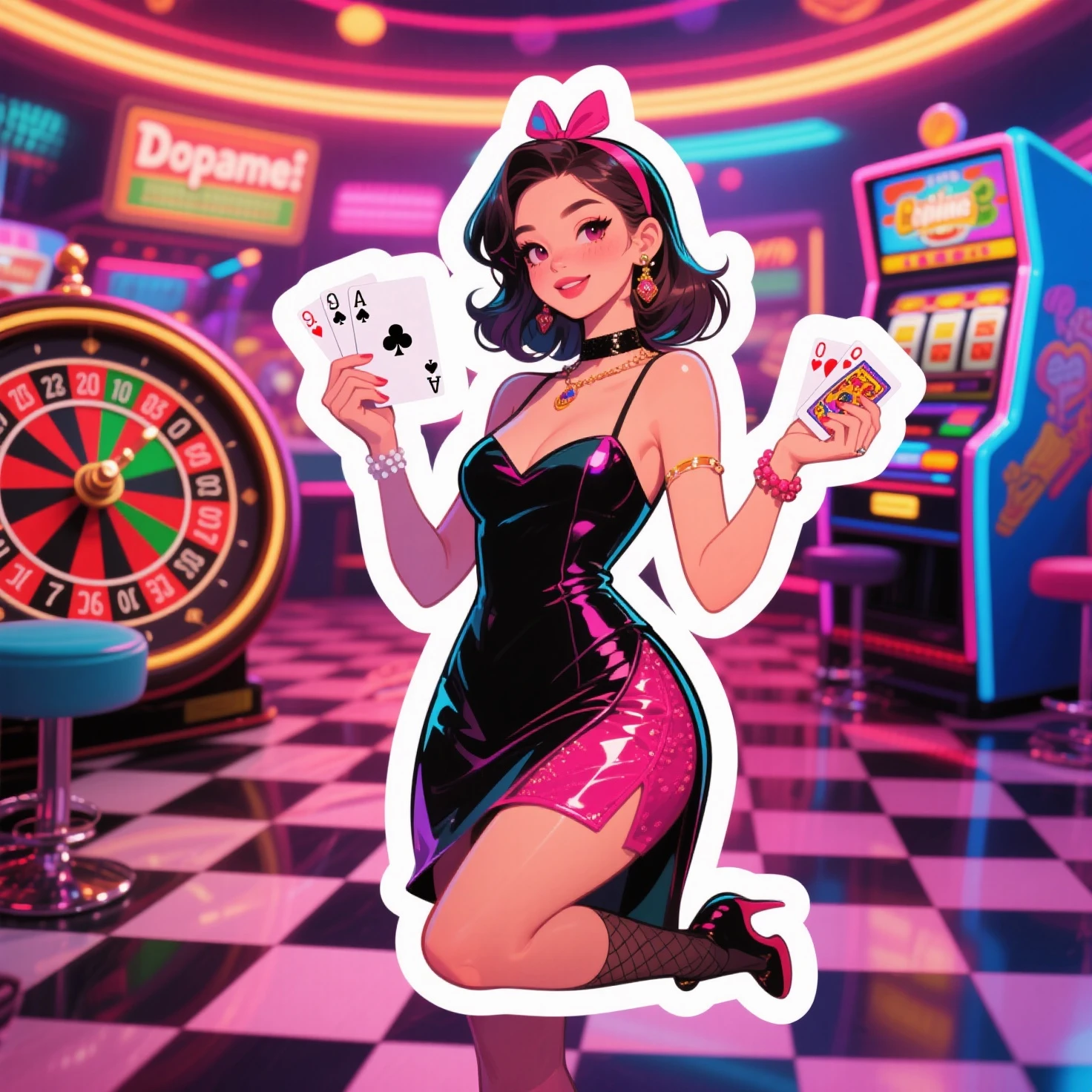 Hedy Lamarr in cartoon board game mafia style with dark beige background with stars around in white dress