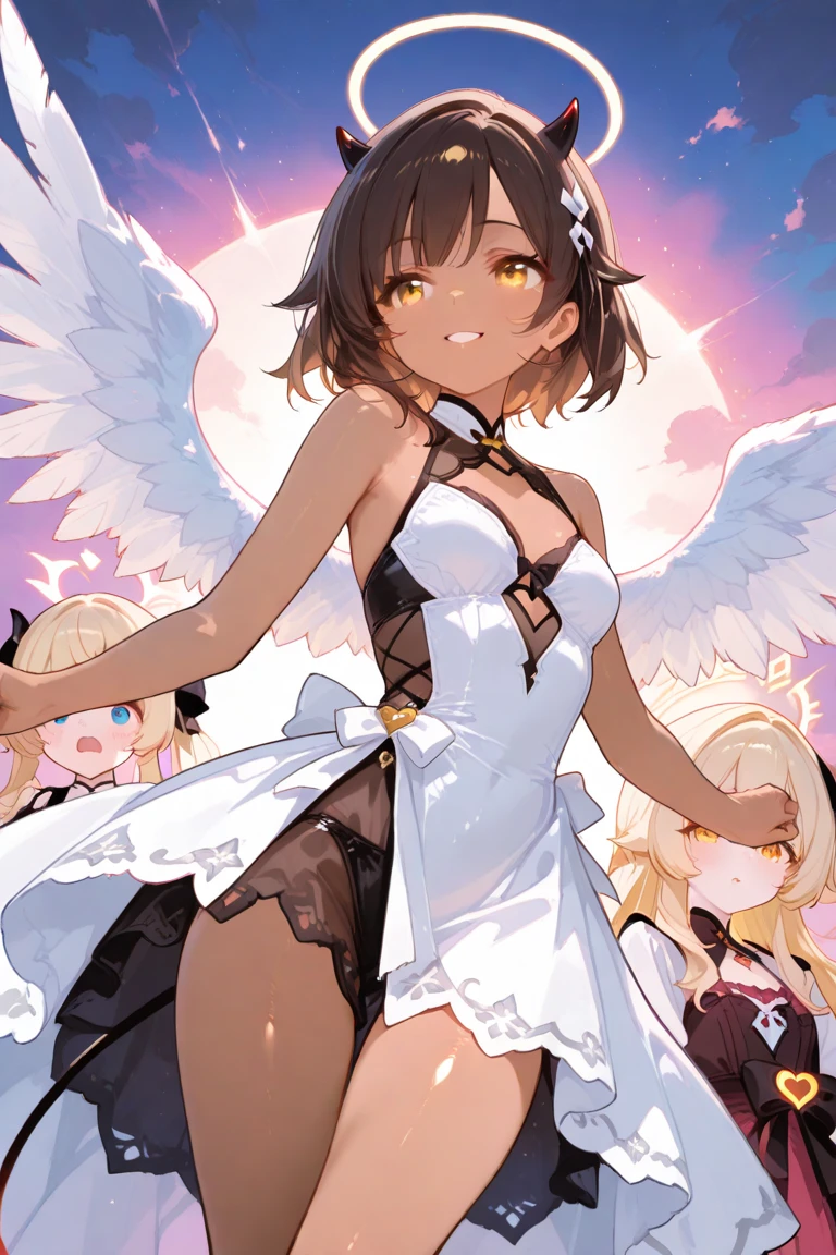 (masterpiece, highest quality, ultra high res, ultra detailed:1.3), 1 cute girl, 18yo, ideal ratio body proportions, blonde short hair, (red magical girl outfit, black frilled mini skirt:1.3), puffy shoulders, bare arms, magic wand, (white cotton panties, 1 strange small animals:1.6), dynamic pose, night city, clothes covered nipples, smiling,