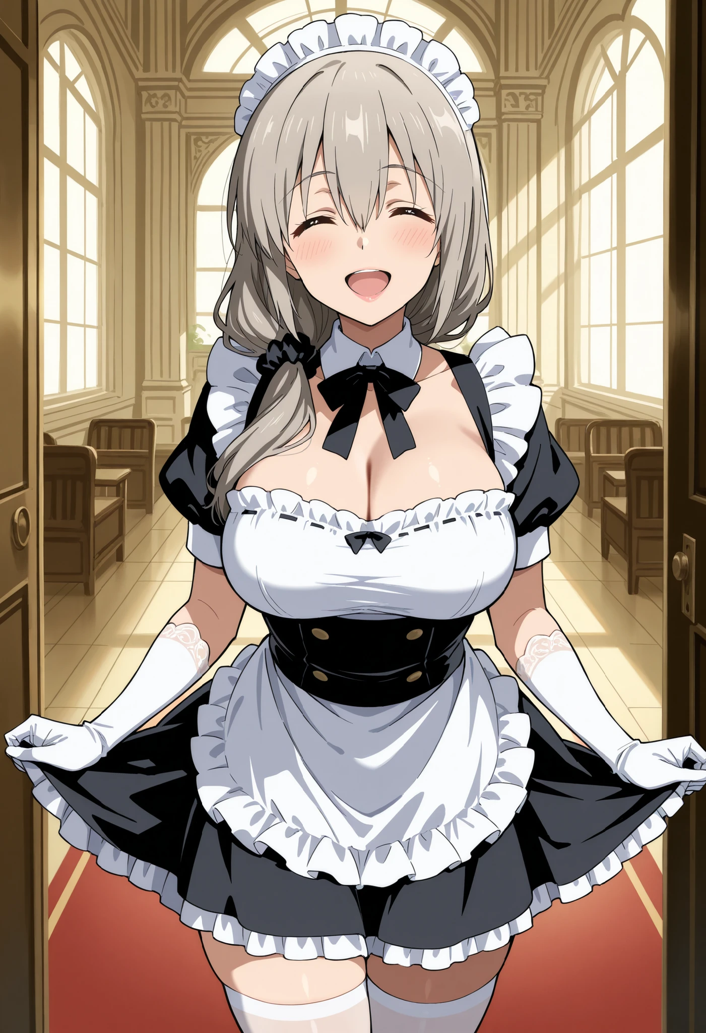 Score_9, score_8_up, score_7_up, source_anime, Tsuki Uzaki, solo, mature female, grey hair, hair over shoulder, hair scrunchie, hair ornament, hair between eyes, bangs, closed eyes, ^_^, large breasts, (best quality), (high quality), {masterpiece}, extremely delicate and beautiful, ultra-detailed, beautiful detailed eyes, maid, black maid costume, short sleeves, puffy sleeves, white headdress, white frilled apron, white elbow gloves, white thighhighs, mansion, indoor, smile, pink lips, open mouth, standing