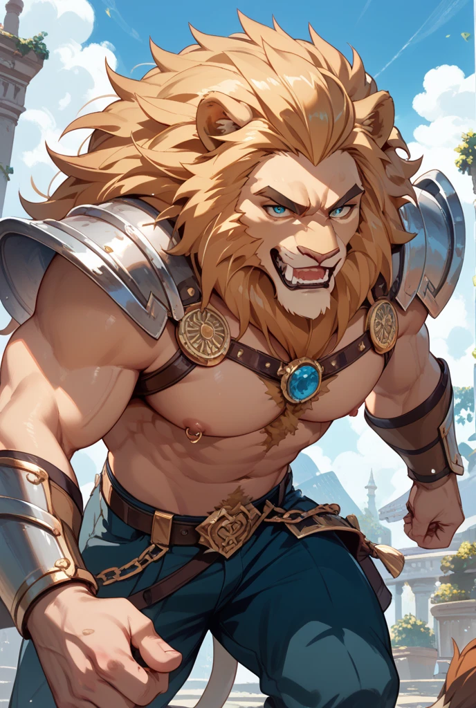 Male, solo, lion, (golden fur), blue eyes, (brown hair, short hair), (cheek scar, old scar), (detailed face, detailed eyes, detailed), mature male, olde male, muscular male, masterpiece, best quality, standing, city, kimgdom, medieval clothes, standing, hypermuscle
