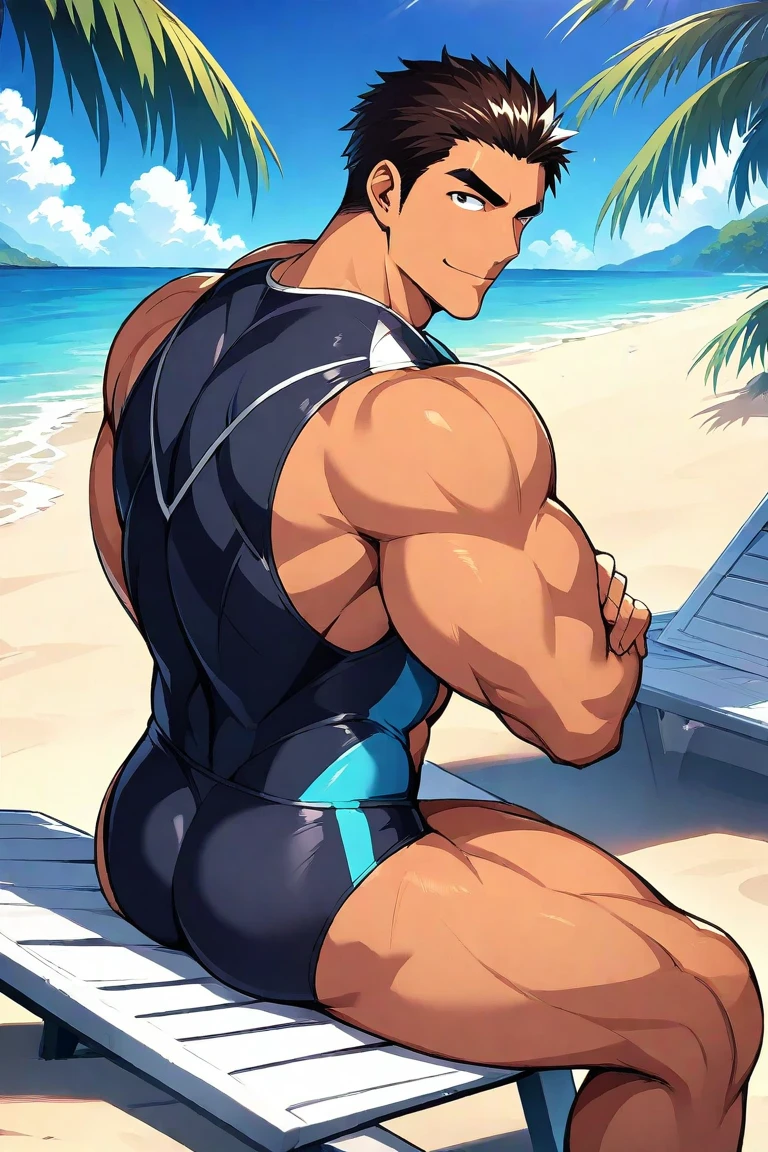 Dos men, muscular young man in string thong, large lump, big chest, trasero grande, en la playa