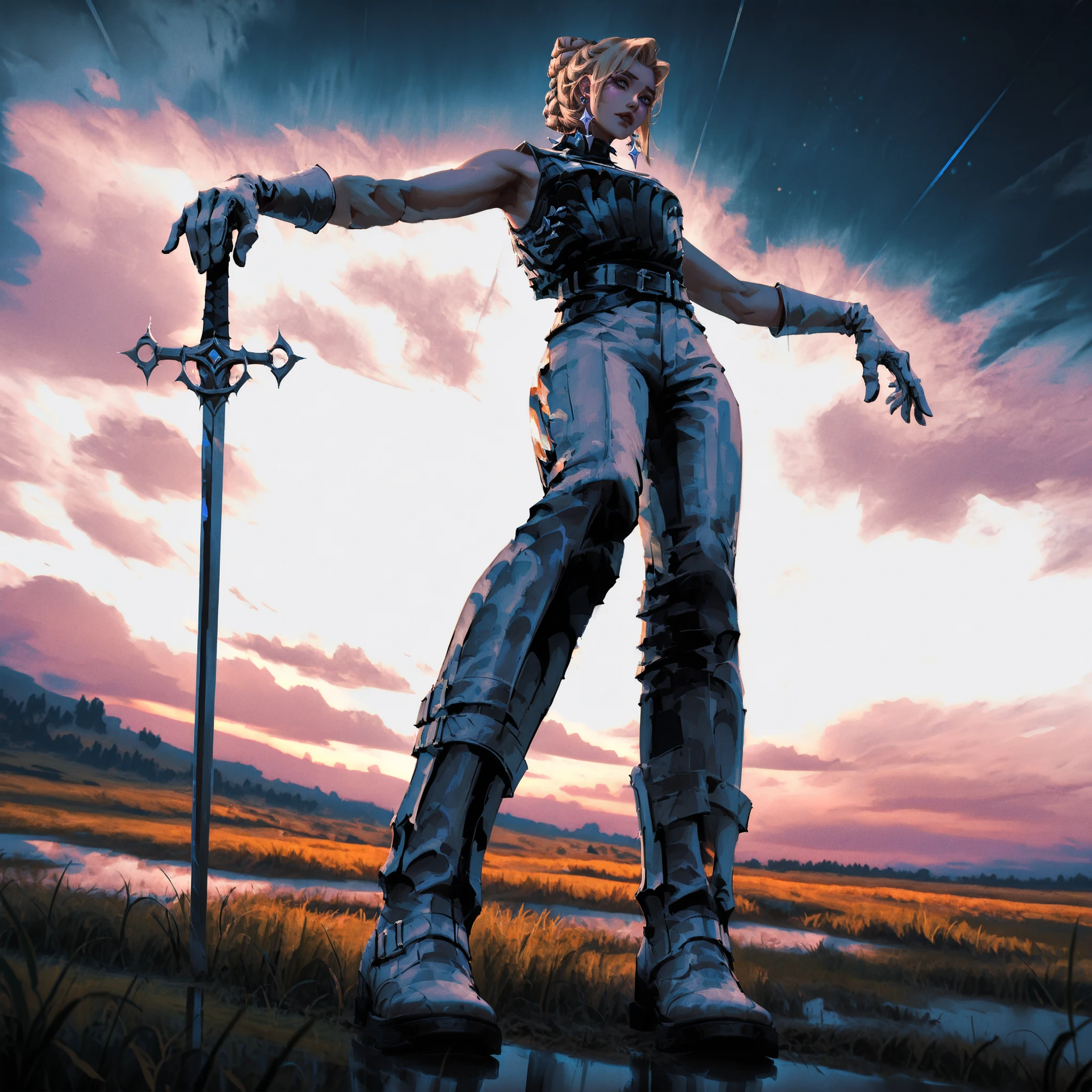 artist: wlop, masterpiece, best quality, illustration,( a young vampire with tan pale skin), medium length blonde hair , sideparted front hair and braided bun, blue eyes, detailed face, wearing form fitting gray and white outfit, wearing leather outfit in gray and white , gray and white gloves, wearing light armor , gray leather boots, gray open sleeveless leather vest , white leather pants, fantasy, perfect anatomy, detailed, lighting, colorful, muscular body, fit body, toned body , ideal ratio body proportions , short , Realistic Shadows, detailed face, detailed eyes, epic, highly detailed, illustration style background, cinematic background, cinematic lighting, detailed eyes, Official Art, face focus, eye focus, high resolution, cinematic, perspective, night , scenery background, pose, 8k, landscape, (official art), (scenography), (the Extremely Detailed CG Unity 8K Wallpapers), perfect anatomy, detailxl, SoulFightersStyle-IL.V1.0, SoulFightersStyleSplashArt-IL.V1.0, standing pose, sword with white and gray gemstone on hilt , armored glove, gray white earrings, toned arms, epic pose, white theme, gray theme, white and gray tones, grassfield in background, grassfield and sunshine,