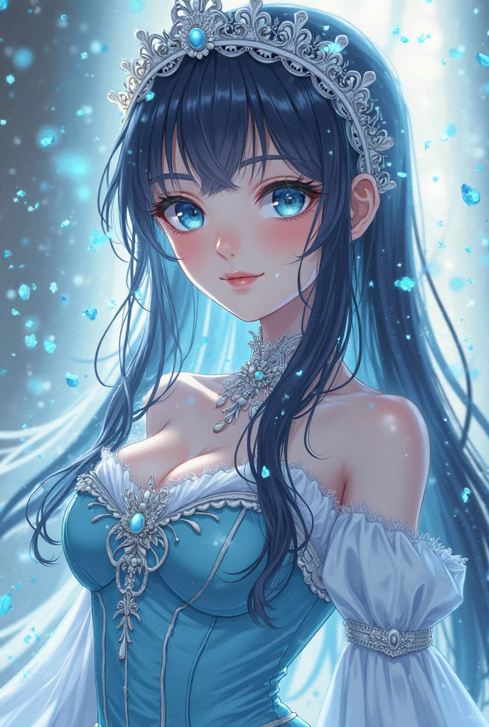 A ice elf (lovely woman, pale blue skin, deep blue hair and eyes, sheer reflective evening dress) acting alluring in a winter wonder land