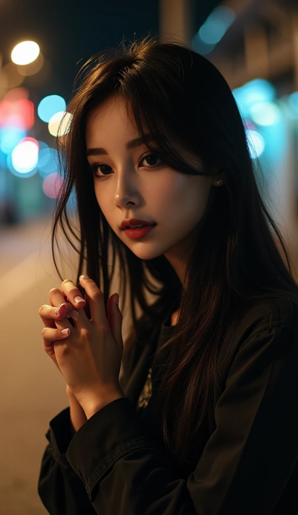 ujifilm XT3, 8k,close up photo, masterpiece, best quality, (((1girl))), solo,realistic, ((looking at viewer)), photorealistic, (extremely detailed face), looking at viewer, ((ultra-detailed eyes and pupils)), ultra detailed, serious expression, ((standing city street at night)), hoodie, (arms behind back), <lora:sowonlorashy:1>
