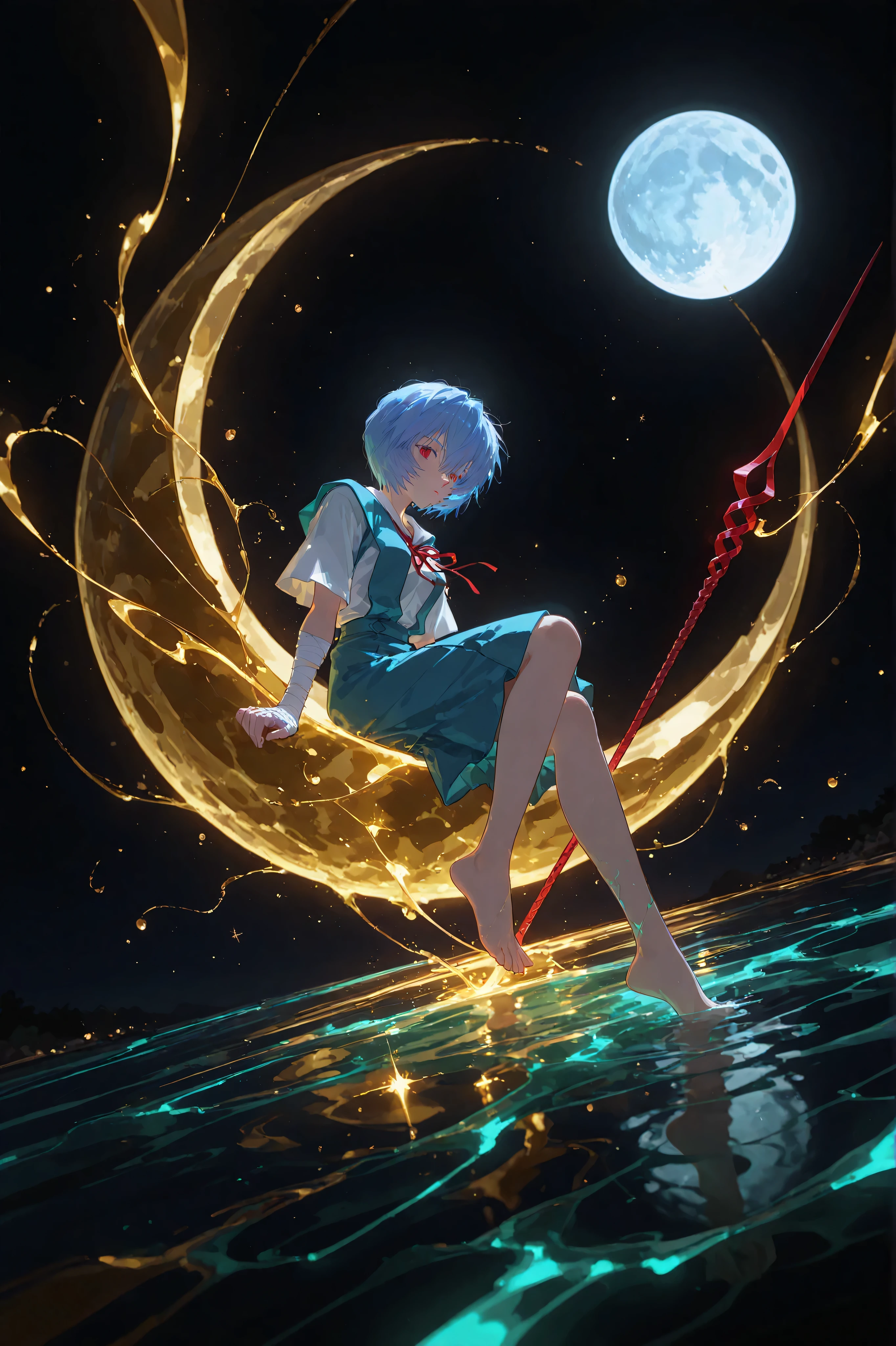 Neon Art, Neon Line Art, colorful Neon Line Art, neon Silhouette, Silhouette, Fluorescent Color, Growth, glow effects , bright silhouette , bright color, High Contrast, dark background, digital art, Which (Zidane Bold), 1 girl, Ayanami Rei from Below, Neon Genesis Evangelion, Blue Hair, red eyes, 头部缠着bandage, One Eye Perspective, bandage缠绕的胳膊, bandage, bandage, school uniforms, tokyo-3 middle school uniforms, red bow , barefoot, solo, Full Body, Vision, 坐在金色星体water晶上的明日香, outdoor, water, } Moonlight reflection , huge moon, Full Moon, Fly Me to the Moon, dynamic angle, (profile:0.4), perspective, illustration, ( dark, black background),The Gun of Longinus floats in the air