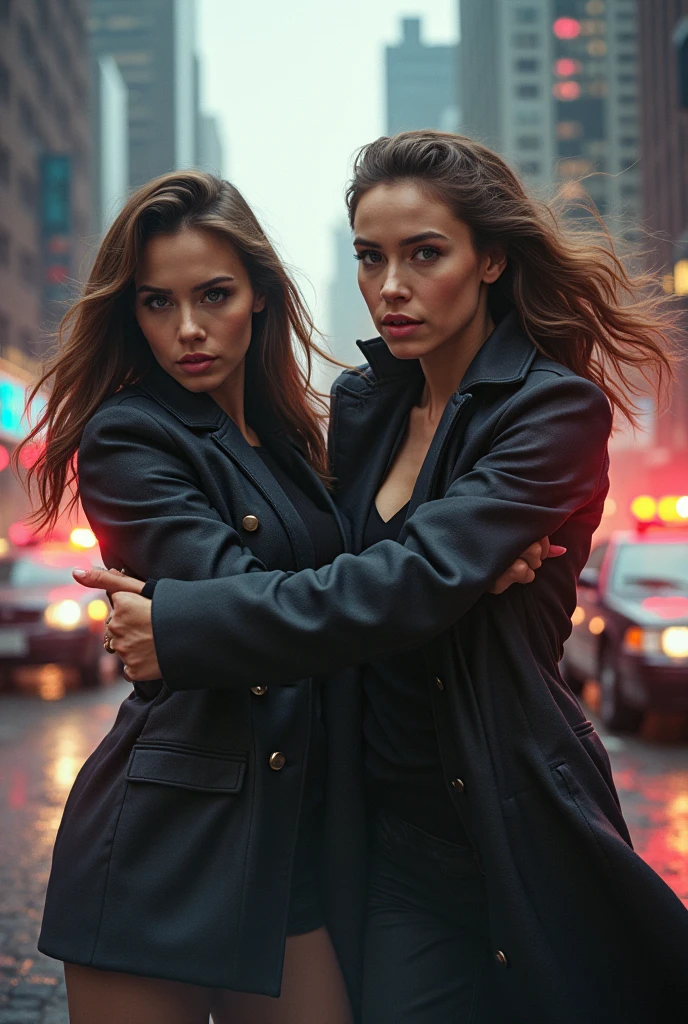 ultra realistic, photography, two women: one with long straight red hair, (30 years old, hourglass figure, perfect body), the other one: long black straight hair, (30 years old, hourglass figure, perfect fit body), Long eye lashes, seductive eyes, Award Winning Glamour Photograph extremely detailed award winning glamour photograph, front lit, HDR, they are dressed like a FBI Agents, under their trenchcoats their shirts are buttoned up, they have a FBI badge on their trenchcoats, they are wearing elegant pants and high heels, they are running after a Person, action shot, cinematic shot,