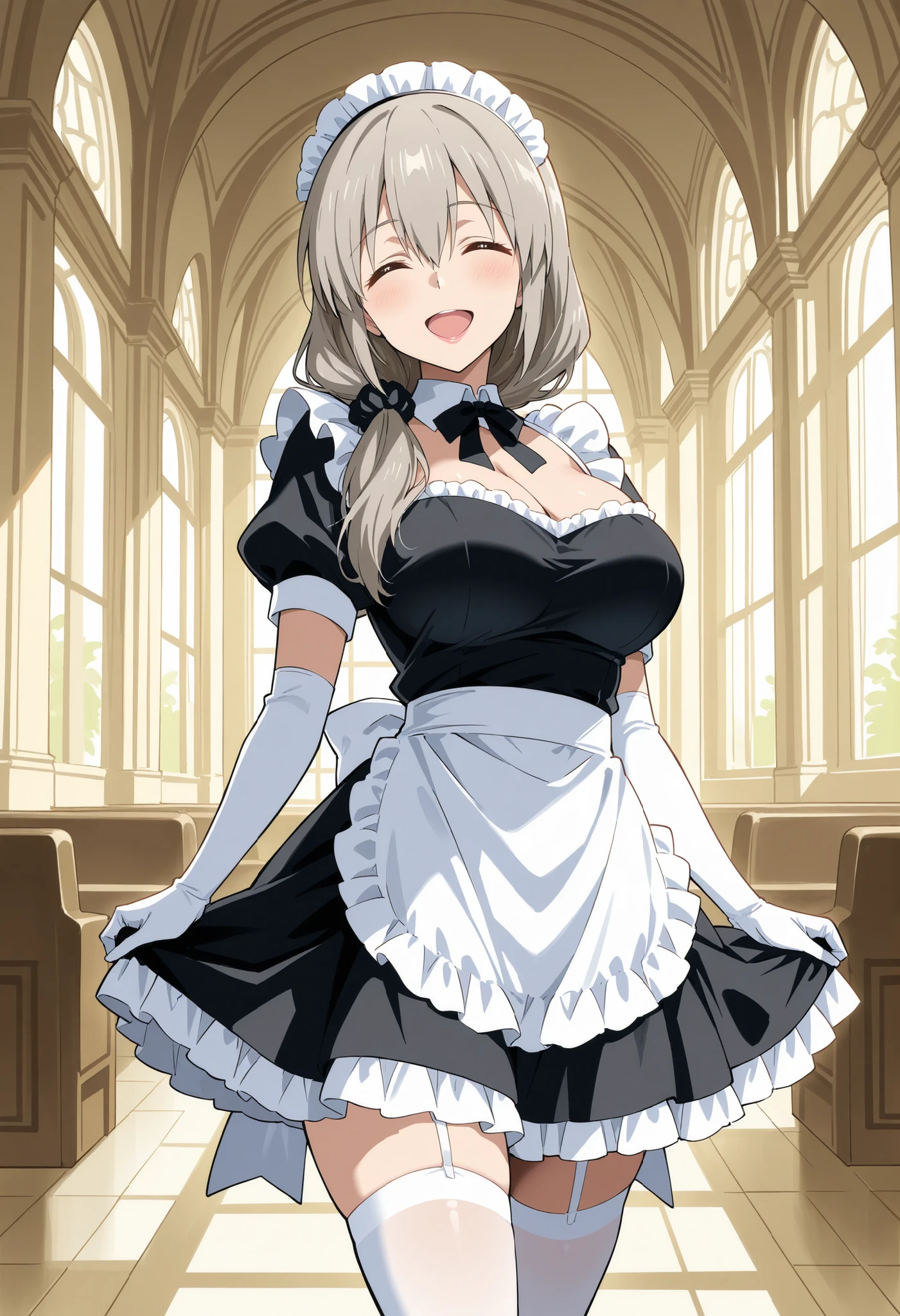 Score_9, score_8_up, score_7_up, source_anime, Tsuki Uzaki, solo, mature female, grey hair, hair over shoulder, hair scrunchie, hair ornament, hair between eyes, bangs, closed eyes, ^_^, large breasts, (best quality), (high quality), {masterpiece}, extremely delicate and beautiful, ultra-detailed, beautiful detailed eyes, maid, black maid costume, short sleeves, puffy sleeves, white headdress, white frilled apron, white elbow gloves, white thighhighs, mansion, indoor, smile, pink lips, open mouth, standing