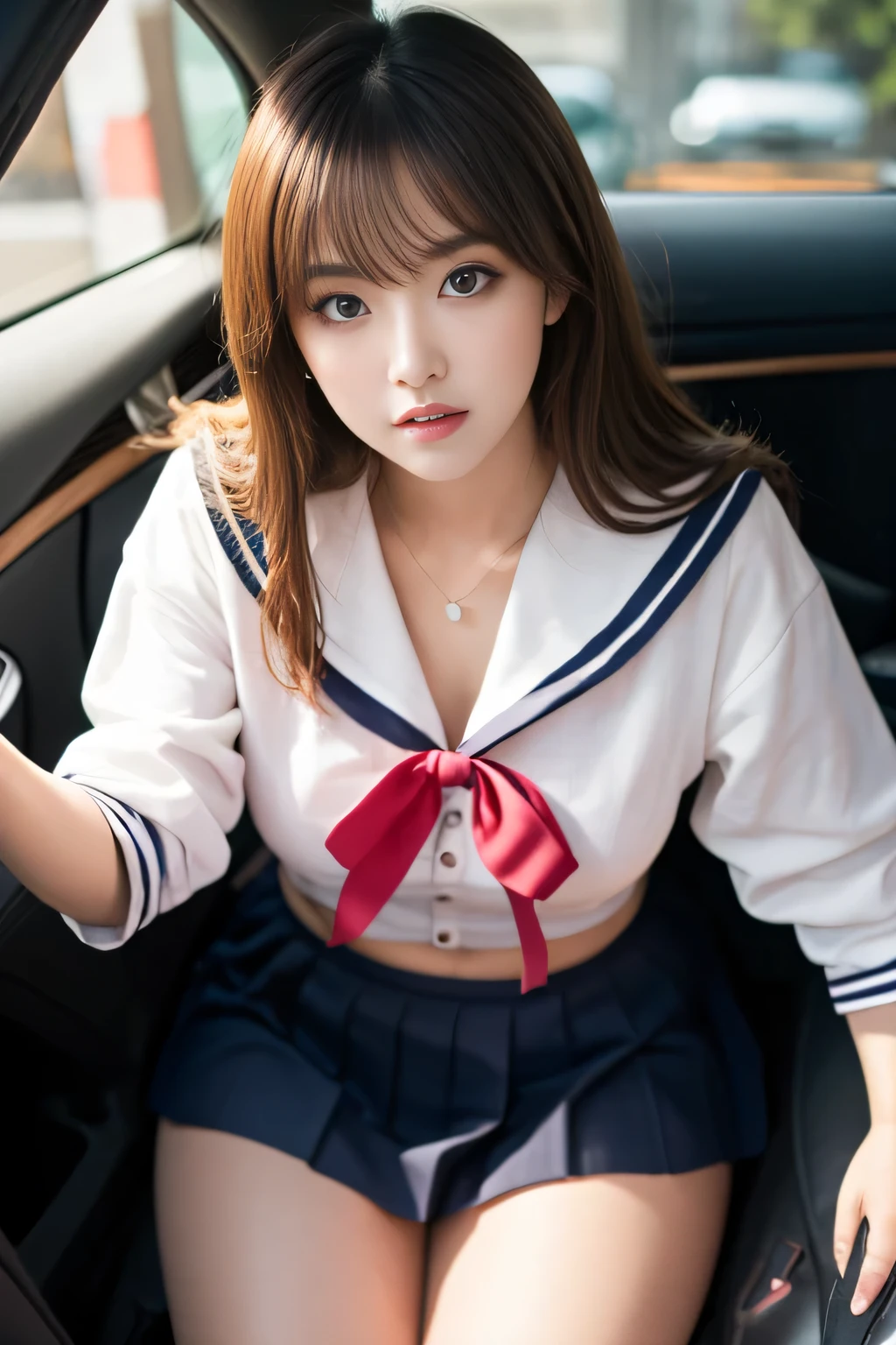 masuter piece、、top-quality、the perfect body、Delicate facial details、facial detailing、full body Esbian、17 years old japanese woman、独奏,Rough breath、Crying and shy look, Sloppily open your mouth、red eyes、drooing eyes、Golden hair、poneyTail、((a sailor suit))、(both hands behind head、Panties bitten in the crotch、Panties bitten in the crotch、Crotch line)、Curvaceous legs、((Lots of wet panties、Drenched panties))、Sit in a taxi、(Spread legs wide)